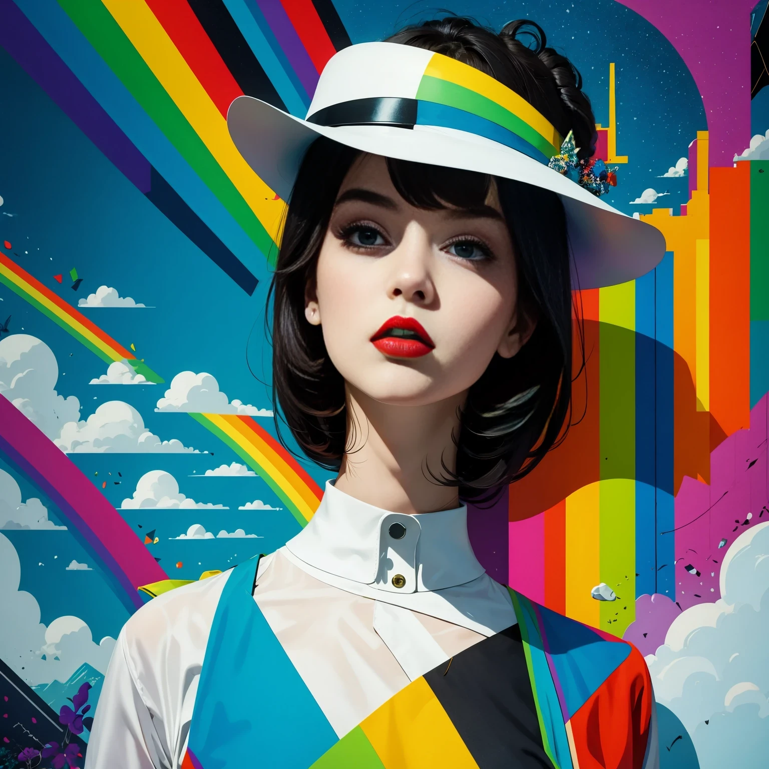 (masterpiece, best quality:1.2), Graffiti漫画，Graffiti, wall, whole picture, High resolution and high contrast,simple,knight，alone，Abstract surreal colors, popular geometric surrealism, rainbow colored dreams