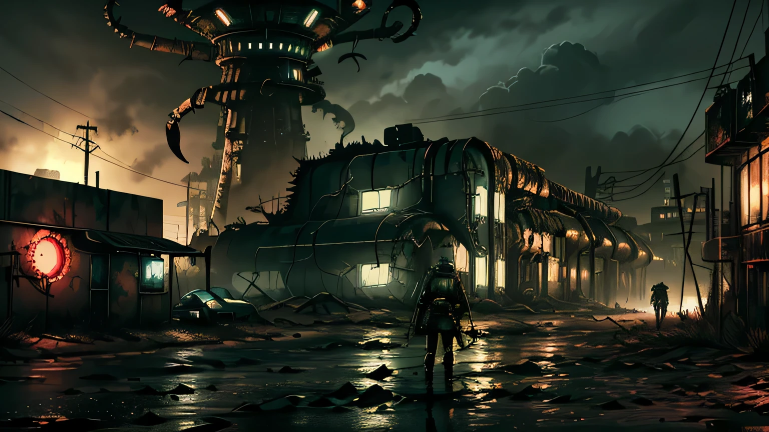 (((Fallout 4 game style))), ((Biopunk art of dark tentacles)), old brewery building, Biopunk girl, hopeless art, dystopian art, ((dark biopunk)), dark oily liquids, A ruined environment, gloomy foggy landscapes, highly detailed art, very detailed background