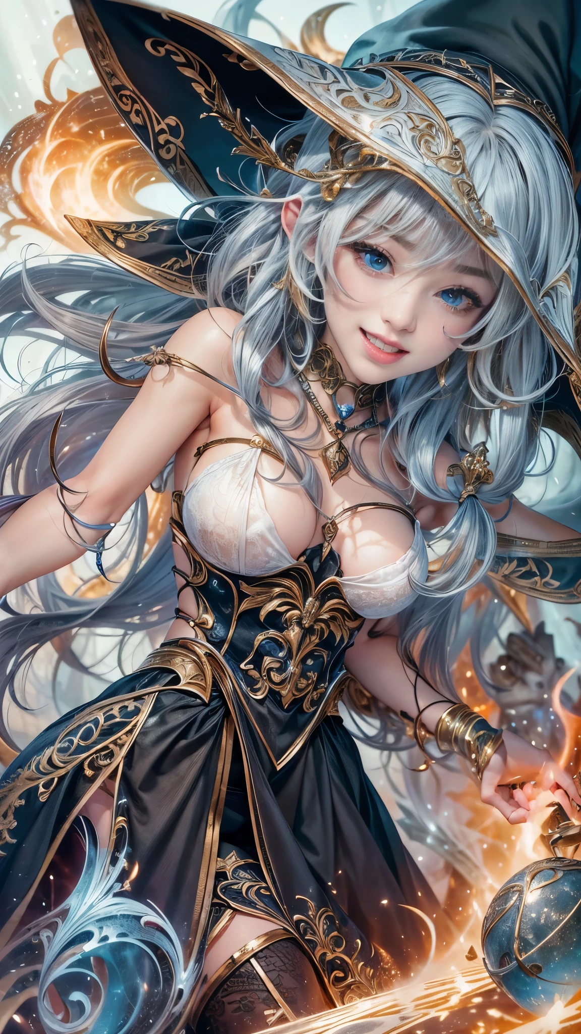 (RAW shooting:1.5, Photoreal:1.5, 8k, highest quality, masterpiece, ultra high resolution), magical world, perfect dynamic composition, Mysterious:1.3, Highly detailed skin and facial textures:1.3, Cute and sexy slim female wizard, beautiful and aesthetic, cute and sexy beauty, perfect style, wear elaborate rings, pose to cast a spell:1.3, fire, water, Wind, thunder, ice, Fair skin, very beautiful face, (Medium chest, Chest gap), (embarrassing smile, The expression on your face when you feel intense caress, Facial expression when feeling pleasure), (How to properly wear a sexy wizard costume off your shoulders), (beautiful blue eyes, Eyes that feel beautiful eros:0.8), (Too erotic:0.9, Bewitching:0.9), full body shot