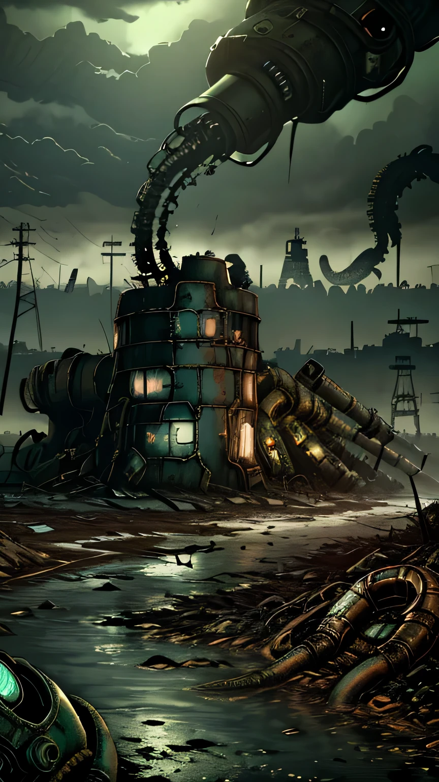 (((Fallout 4 game style))), ((Biopunk art of dark tentacles)), old brewery building, Biopunk girl, hopeless art, dystopian art, ((dark biopunk)), dark oily liquids, A ruined environment, gloomy foggy landscapes, highly detailed art, very detailed background