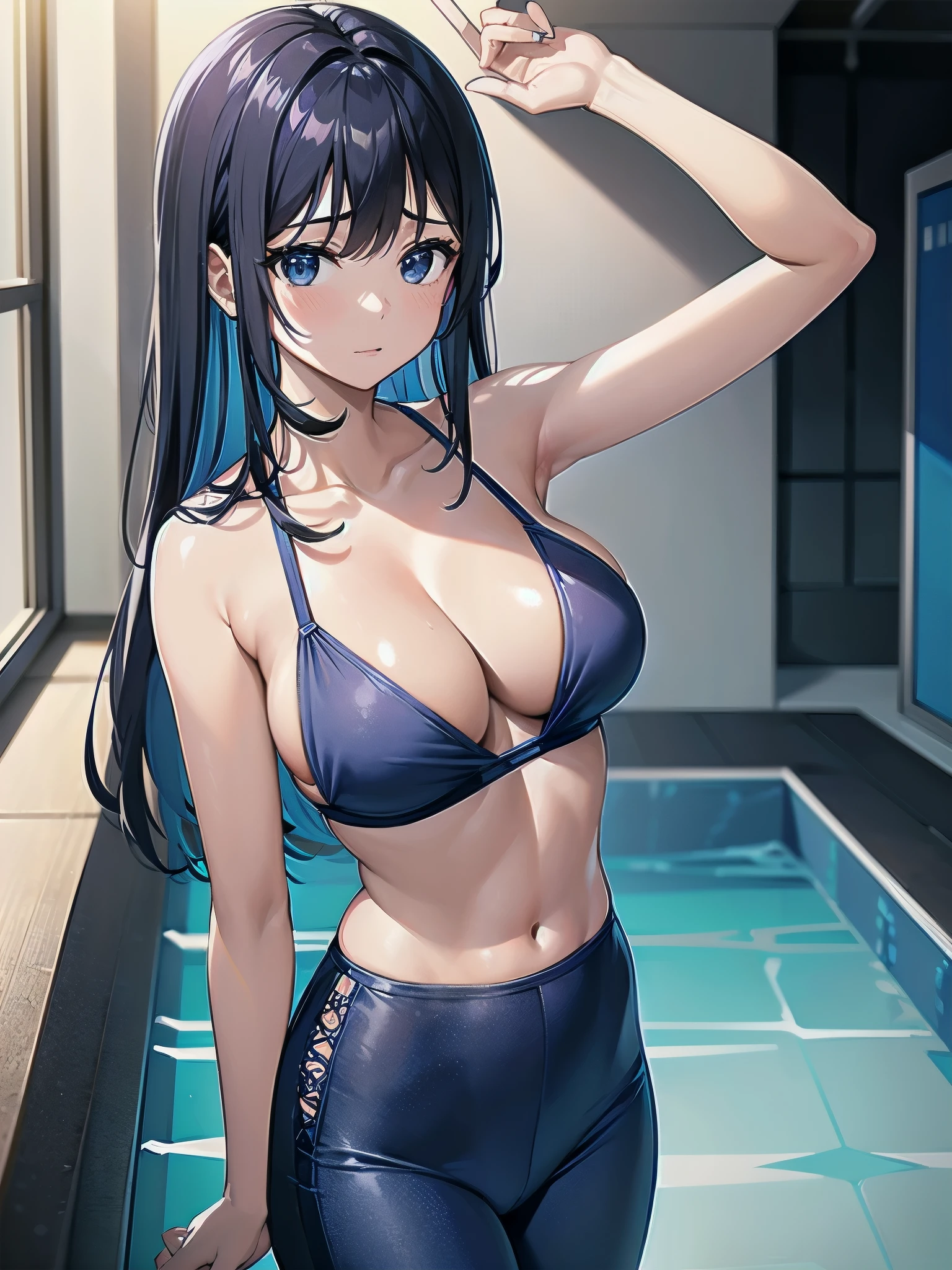 A 27-year-old female office worker enjoys her holiday at the indoor pool.、dark brownの髪色でロングボブヘアーです、A bikini with an overlapping layer of indigo cloth that covers from 4cm below the right collarbone to the bottom of the left nipple, and another layer of blue cloth that covers from 4cm below the left collarbone to the bottom of the right nipple.、blue bikini pants、I am wearing a transparent pareo.、The ceiling and walls are made of glass、You can see the night sky outside the glass、The lower half of her cleavage is hidden by cloth、It's late night now