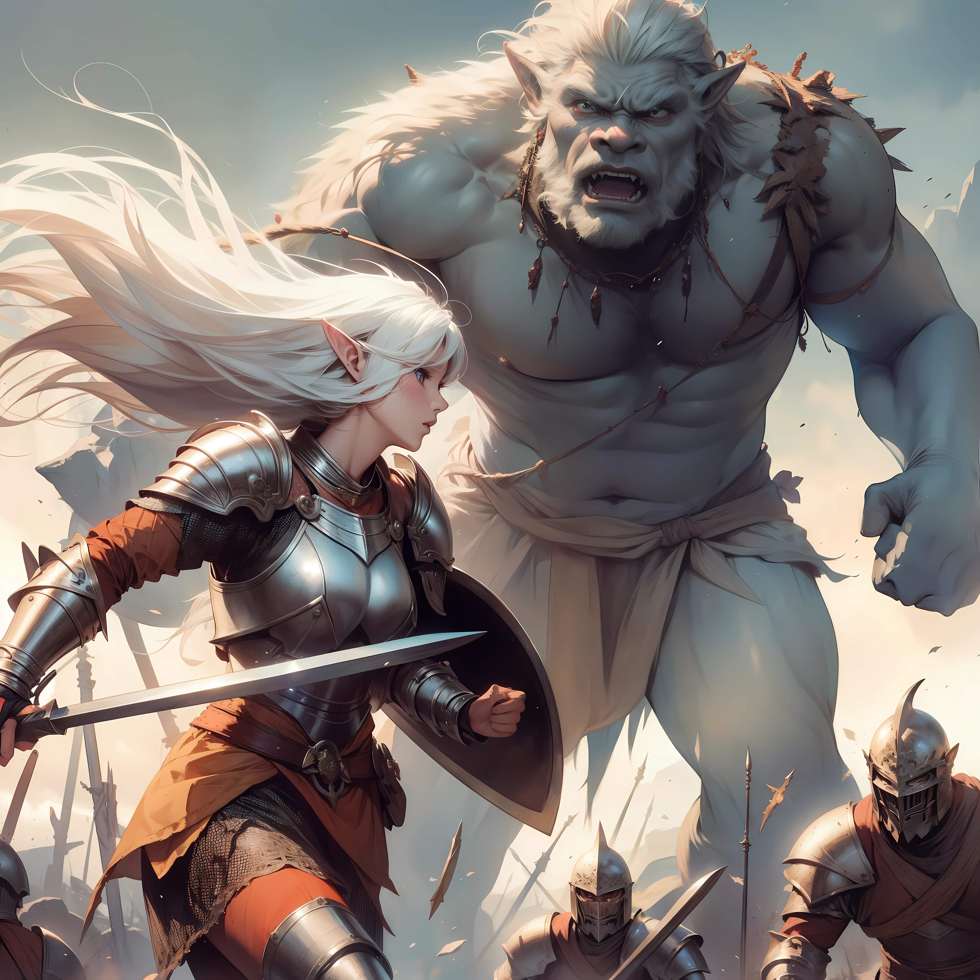 path an medium white haired (elf) female knight, detailed face, blue eyes, medium breast, against giants ogre, A warrior hailing from a distant land far from the comforts of civilization, cinematic dynamic Angle, Hayao Miyazaki, Mikimoto Haruhiko, frank frazetta, Cinematic Dramatic atmosphere, fantasy, 8k, watercolor painting