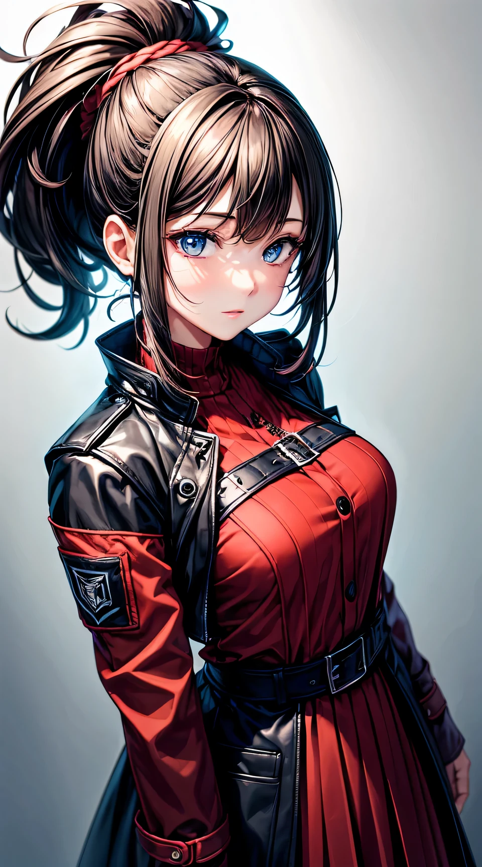 (best quality:1.5, highres, UHD, 4K, detailed lighting, shaders), black wavy hair, large breasts , woman jacket, long coat, (pov), Portrait, white background