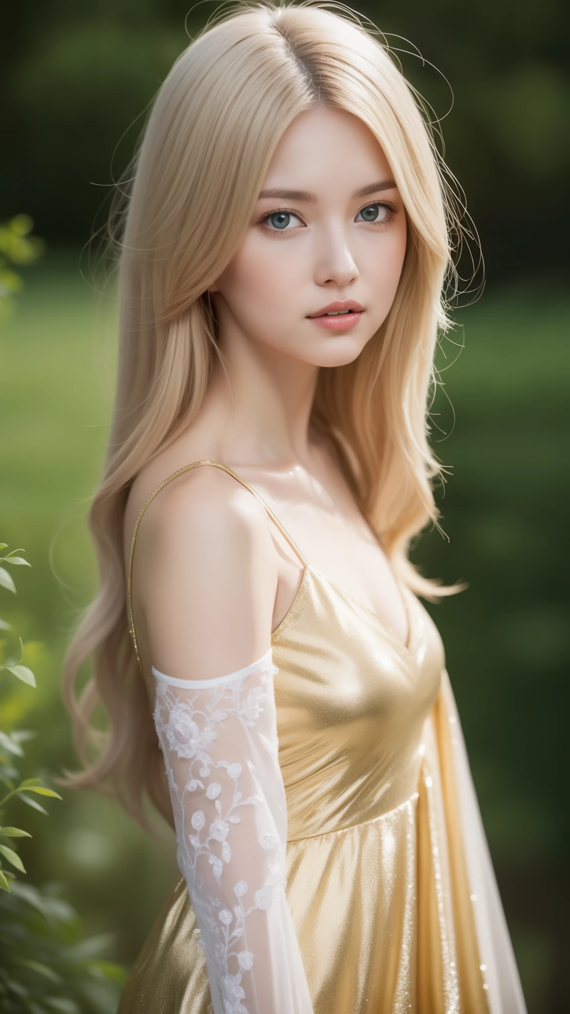 A beautiful woman in a fantastic space, White and gold tight micro dress, 98k, {{work of art}}, best quality, high quality:1.4), {{[[front look}}, eye_contact, Various poses)]] , very pretty face, and very pretty eyes, Cute images, lovely images, {{whole whole body}}, {{{{{{{{long legs}}}}}}}}, {{{{sexy body and thin}}}}, {{{{{{tall woman}}}}}}, {{177 cm tall}}, Alone, beautiful, kind, adorable, pale skin, {{German girl 18-22 years old }}, beautiful look German girl and blue eyes or green eyes with platinum blonde hair color), Young Nordic German girl, {{{{{{{{{{Full body}}}}}}}}}}, {{{ {{{{{{{alto_Salto}}}}}}}}}},