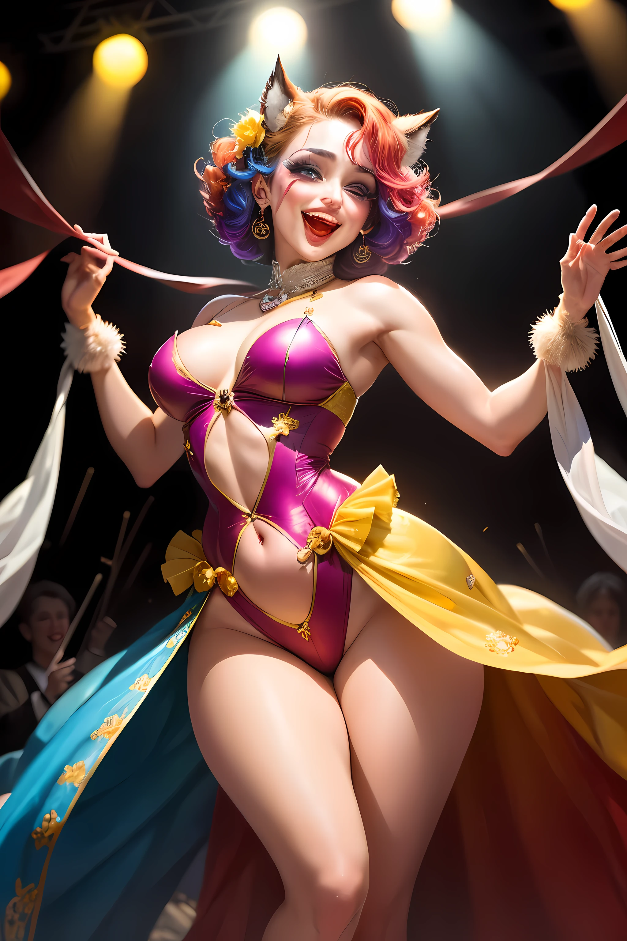 In the heart of a busy circus tent, amidst a kaleidoscope of swirling colors and enchanting melodies, a beautiful clown captivates the public with her charm and grace. Com pele de porcelana beijada pelo brilho dos holofotes, she exudes an aura of playful elegance that draws all eyes to her.

Her lips, pintado em tons de vermelho rubi, curva-se em um sorriso travesso que ilumina a sala como um farol de alegria. Cachos em cascata vibrantes, multicolored hair frames her face in a riot of extravagant delight, every strand is a testament to your vivacious spirit.

Adornado com um traje de lantejoulas brilhantes e seda ondulante, She moves with the fluidity of a dancer, Her every gesture is a symphony of grace and balance. in her hands, She wields props with effortless delicacy, transforming simple objects into tools of comic genius.

But beneath the layers of makeup and costumes lies a soul filled with warmth and compassion... Through laughter and tears, she connects with her audience on a deeply emotional level, touching hearts with his boundless empathy and contagious enthusiasm for life.

As the spotlight fades and the curtain falls, the memory of the beautiful clown remains in the hearts of everyone who was lucky enough to witness her magical performance, um lembrete brilhante do poder transformador do riso e do amor.