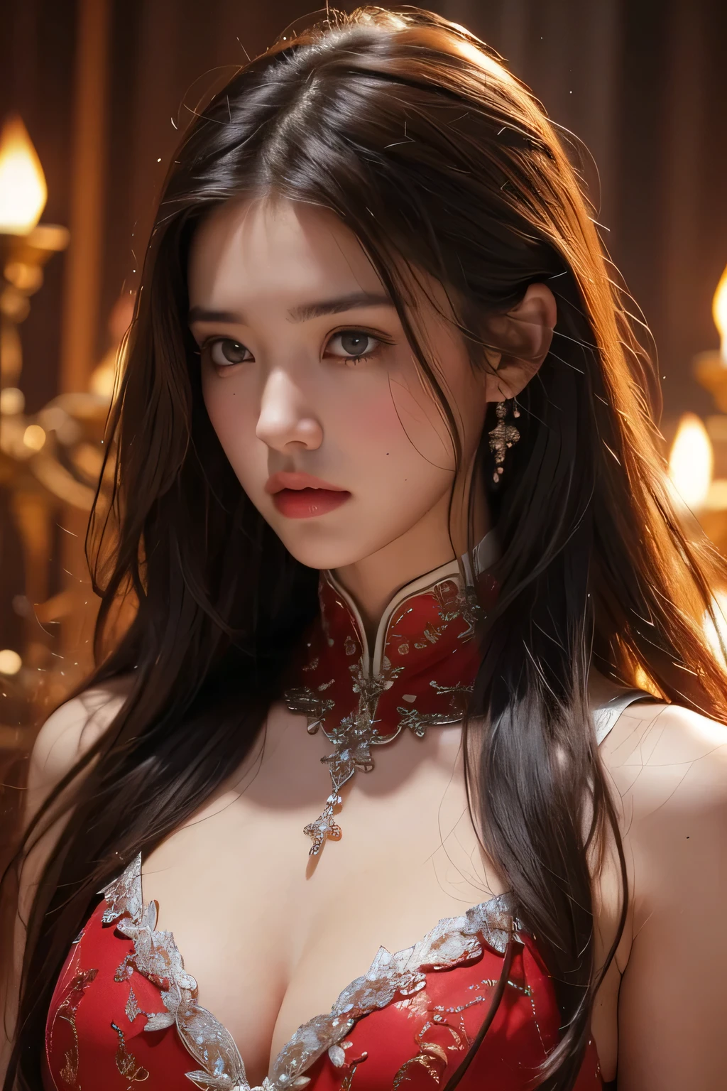 {{master piece}}, pinnacle rendering, realistic rendering, dark red rendering, metal rendering, {{color ink painting}}}, {{splash ink}}}, {{color}}, {{color}}, gorgeous rendering, best quality, illustration, flame, smoke, doomsday world, splash ink fire sea doomsday, full body, 1 girl, facial mix of phoebe cates, large breast, deep cleavage, exquisite facial details, delicate facial features, real face, beautiful details eyes, deep pupils, broken city details, beautiful details long hair, wavy hair, broken detail street, transparent mechanical core, cyborg girl, detail, cool, tight grooming, lace finishing, linear light costume retouching, light rendering, reflection, highlight, holy light, confidence, charm, battle stance detail close-up, fire day, {filigree}, colored background, a dragon stands behind the girl, sea of fire, {tornado special effects}, beautiful details red dragon armor, (cold face, confident) great depth, depth of field, 360° panoramic picture, fierce and magnificent battle scenes, broken mirrors, fingers all hidden and not displayed, small mouth closed