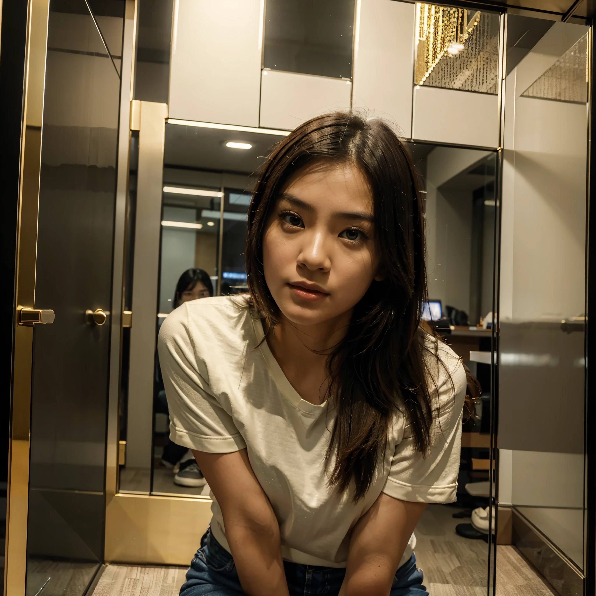 a beautiful woman, Indonesian face, sitting on the bathroom toilet while looking at her cellphone