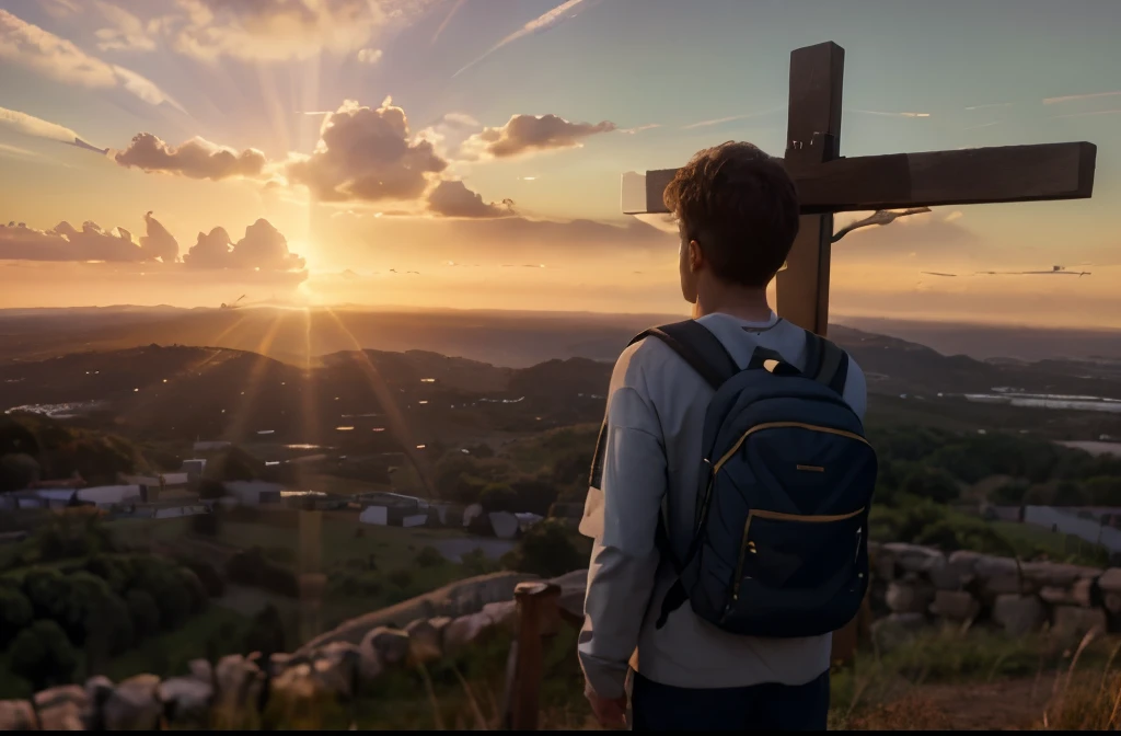 (HDR:1.25), (detalles intrincados:1.14), (renderizado 3d hiperrealista:1.16), Detailed photorealism, A wooden crucifix, sunrise in soft light, young man from behind, dressed in sportswear and small backpack, looking at the sun on the horizon above the clouds.