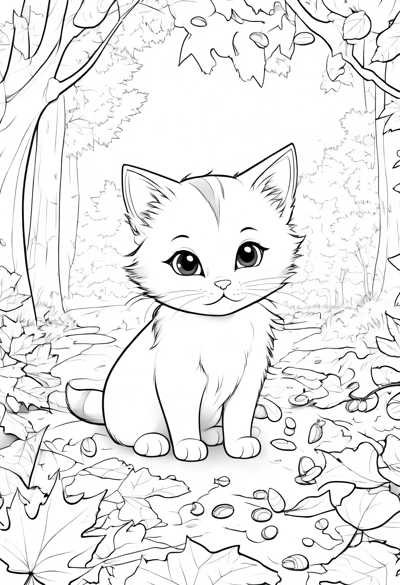 coloring page for , A cute kitten exploring a cozy autumn scene, surrounded by falling leaves, acorns., thick lines, low detail, no shading,