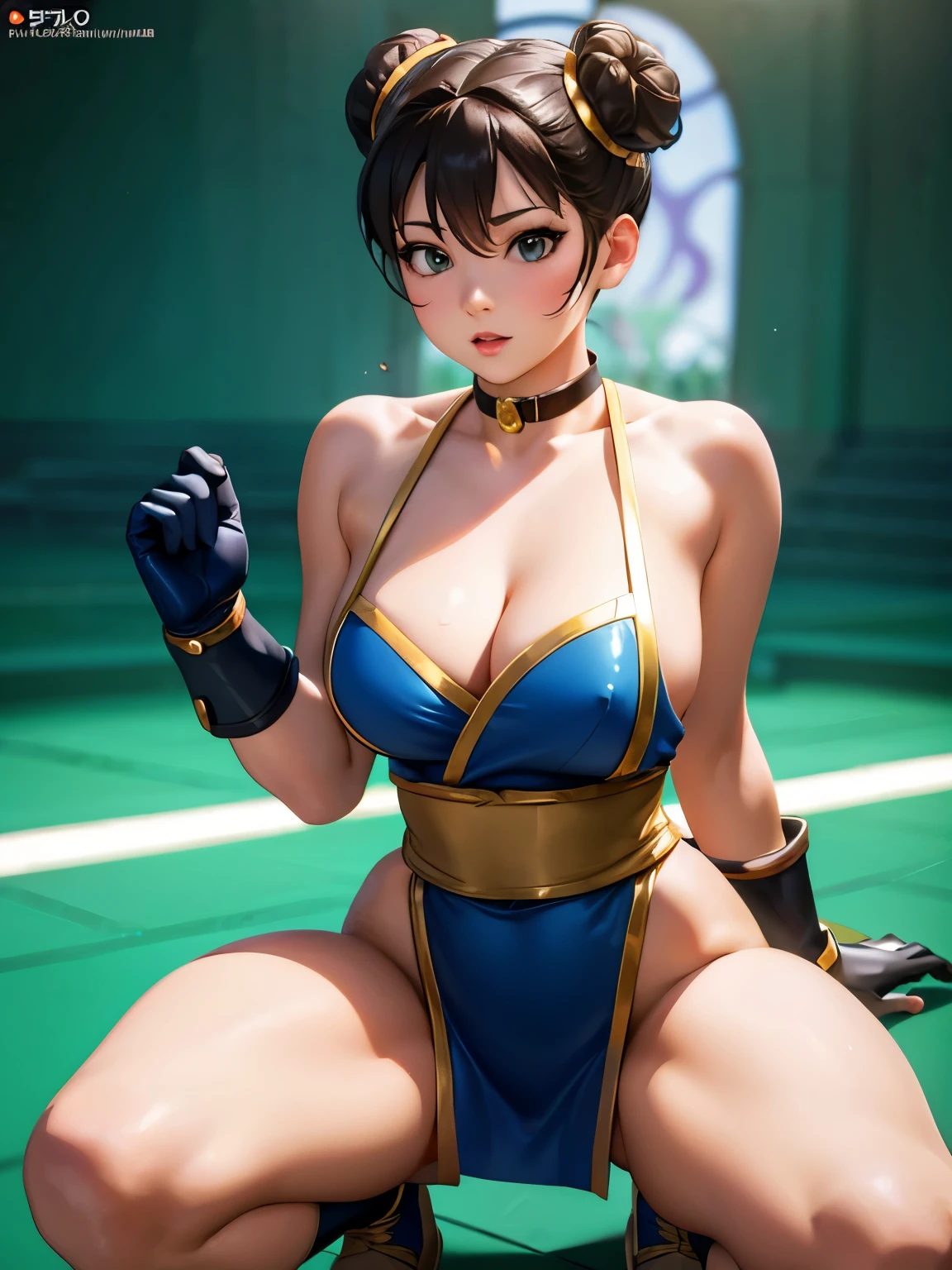 Chun li, delicate skin, best quality, Best Desinger, Best illustration, (photorealistic photo: 1.3), (high detail skin: 1.2), 8k UHD, dslr, high quality, high resolution, 1girl, choker, collar, crouching, crouching, female , gloves, chubby, female only, partially clothed, short hair, thighs, thick thighs