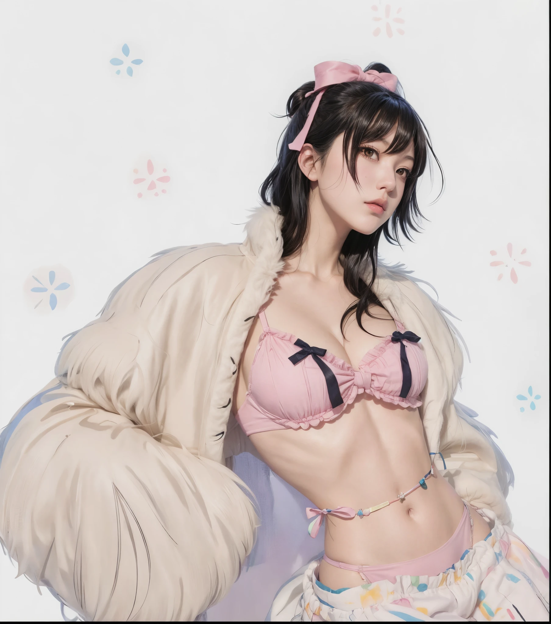 Chica anime en bikini rosa y abrigo de piel posando para una foto., marin kitagawa fan art, fanart exquisito muy detallado, pecho esponjoso, soft anime illustration, pintado en estudio de pintor anime, mejor valorados en pixiv, Chica seductora anime, tendencia en cgstation, hecho con estudio de pintor anime, tendencia en artstation pixiv, Nico Robin, guweiz