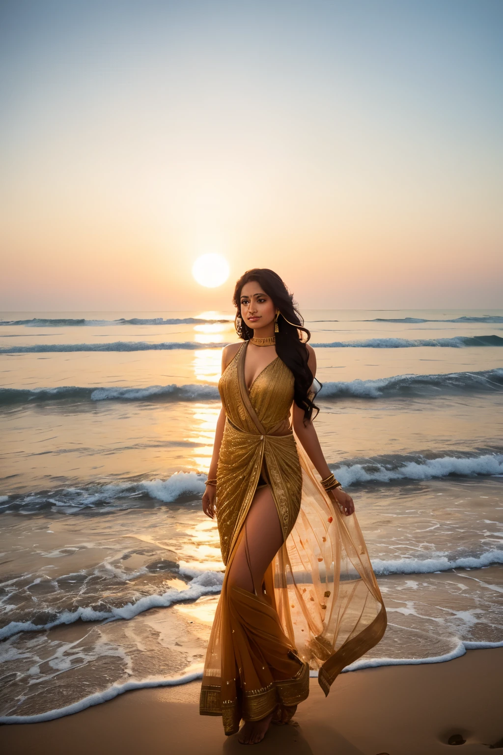 Captured with a Canon 1500D DSLR camera, this breathtaking long shot photo transports us to the tranquil shores of Bangladesh. Beneath the shade of a majestic coconut tree, a stunning Bangladeshi girl exudes beauty and grace. The gentle rhythm of the waves harmonizes with the setting sun, casting a warm, golden glow upon the scene. As the salty breeze whispers through her flowing black wavy hair, she finds solace in the serenity of nature's embrace.
Adorned in an exquisite Salwar Kameez, flawlessly draped with intricate designs and vibrant hues, she becomes a captivating vision of elegance. Her inverted triangle body shape perfectly accentuates her tear drop-shaped 38-size chest and slender 28-inch