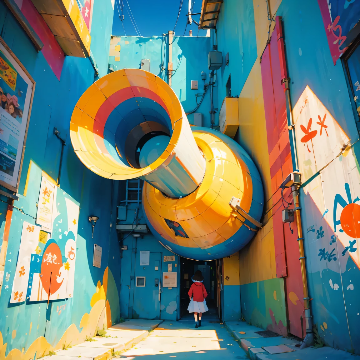 (masterpiece, best quality:1.2), Graffiti漫画，Graffiti, wall, whole picture, High resolution and high contrast,simple,knight，alone，Abstract surreal colors, popular geometric surrealism, rainbow colored dreams