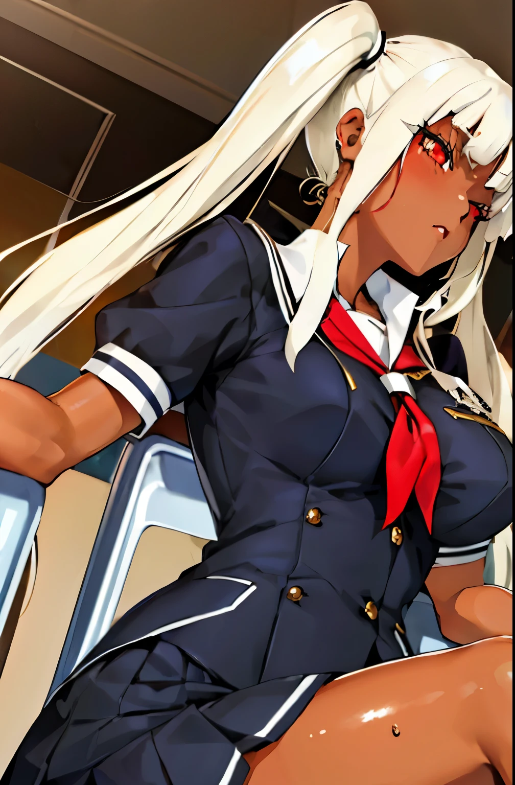 (masterpiece:1.2, best quality), 1lady, solo, school uniform, classroom, day, sit, blonde, twintails, red eyes, open collabone, darkskin, (open breasts:1.1),、((big breasts)), (dripping sweat、oil skin,sparkling skin、realistic skin texture、detailed beautiful skin、shiny skin、shiny skin)