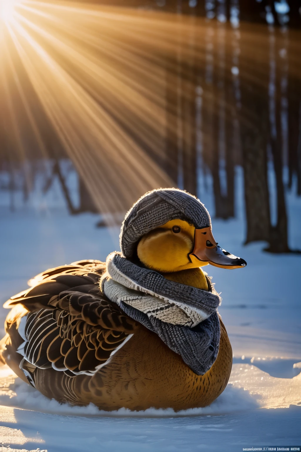 A beautiful portrait of a large duck, wearing a warm hat and scarf, looks at the camera, The sunlight shines through the mist and creates a magical effect