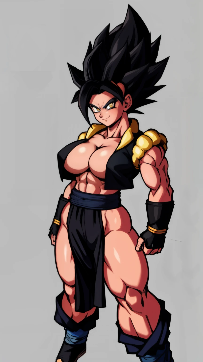 RAW photo, (high detailed skin, detailed eyes:1.1), intricate details, best quality, 8k uhd, soft lighting, Gogeta, breasts, (female:1.2), 1girl, yellow vest, black wristbands, spiked hair, dougi, smile, black hair, 1 hair bang, saiyan, black eyes, Full body naked, large breasts, wide hips, curvy, thin waist