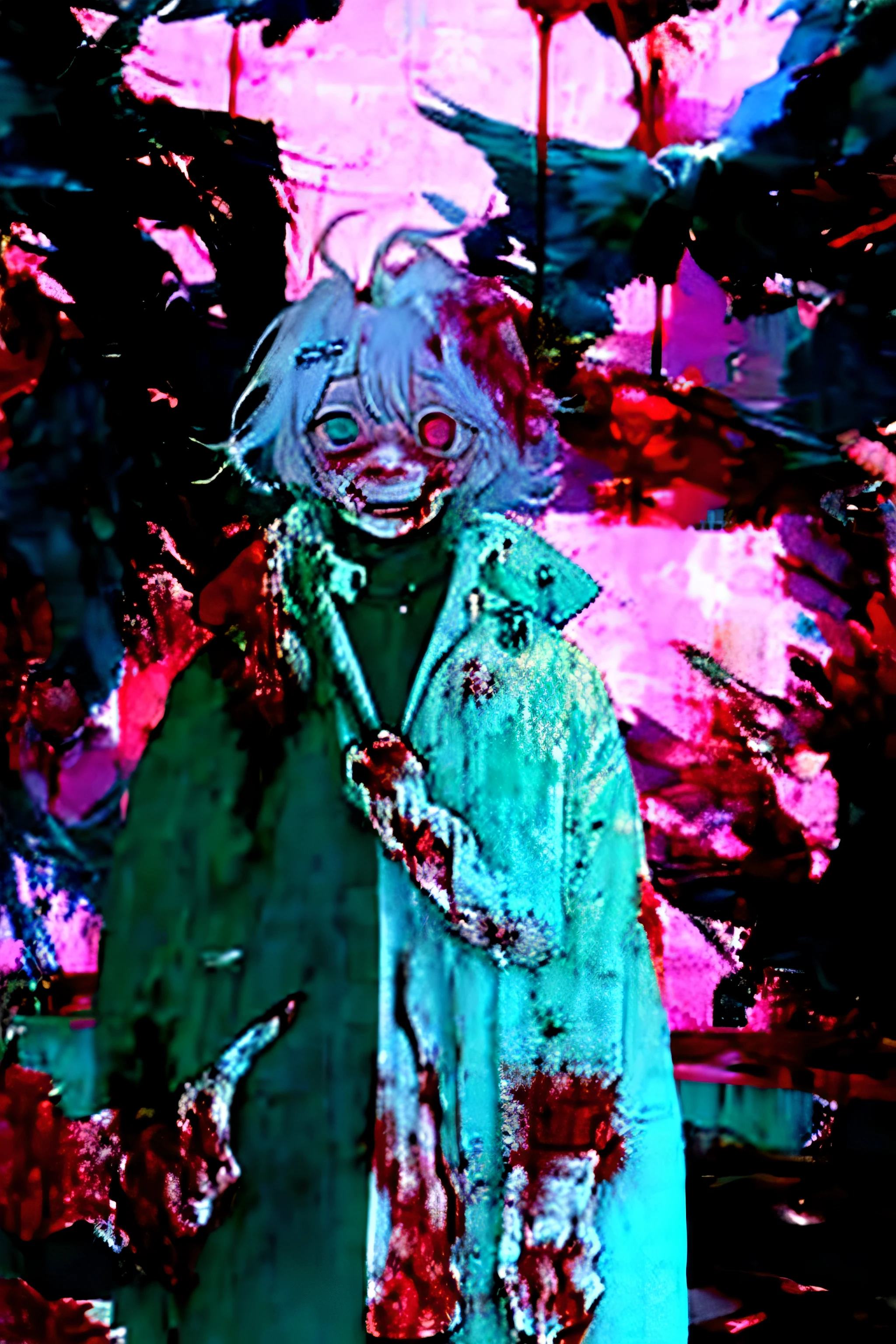 anime character with Blood dripping down his face and hands, gapmoe sick, gapmoe sick grimdark, sick, portrait gapmoe sick grimdark, danganronpa digital art, his eyes are, Bloody + concept art, Komaeda Nagito, guweiz, Kaneki Ken, [[Blood]]
