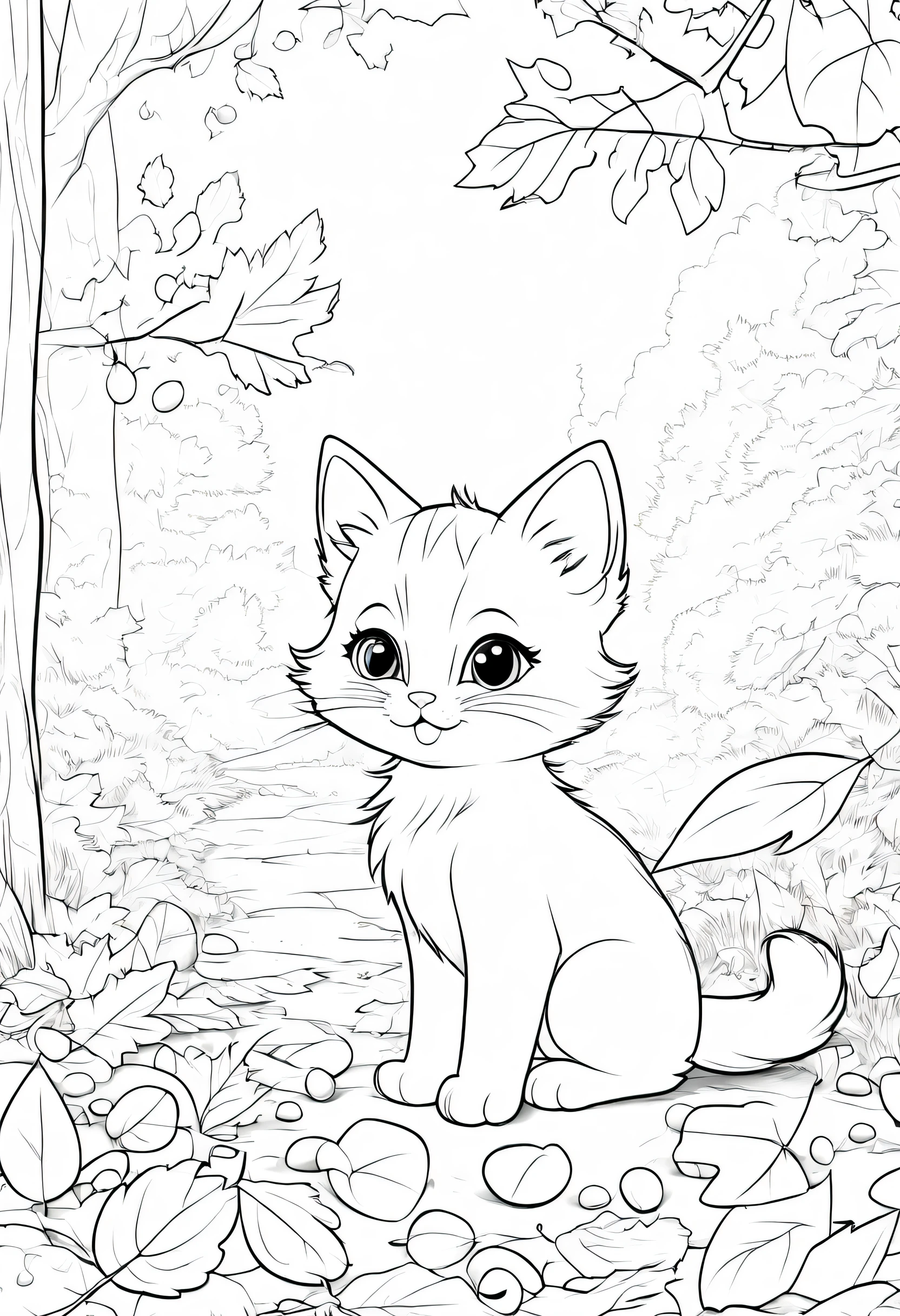 coloring page for kids, A cute kitten exploring a cozy autumn scene, surrounded by falling leaves, acorns., thick lines, low detail, no shading,
