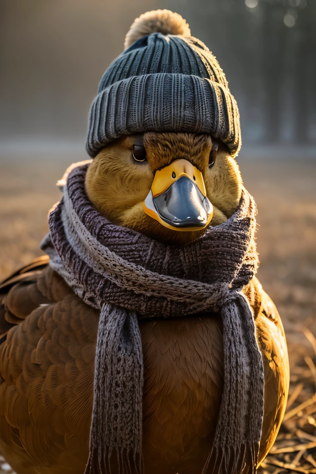 A beautiful portrait of a large duck, wearing a warm hat and scarf, looks at the camera, The sunlight shines through the mist and creates a magical effect