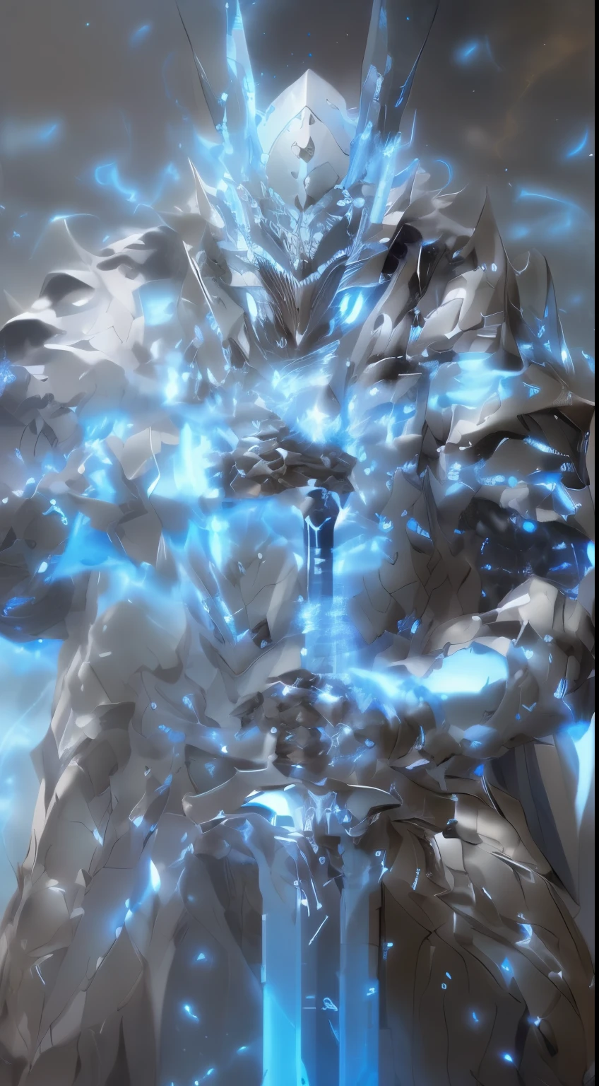 knight in armor standing in a light room holding a one sword in front of him, Blue fire color reflected armor, cyberpunk flame suit, berserk skullknight black armor, heavy metal armor, cybernetic flame armor, black heavy armor, corrupted armor, cybernetic sliver armor, full body x-force outfit, heavy sliver armor, spiked scrap metal armorClose-up of a man, glowing Blue flame blade,Blue flame aura,white fur cape,
