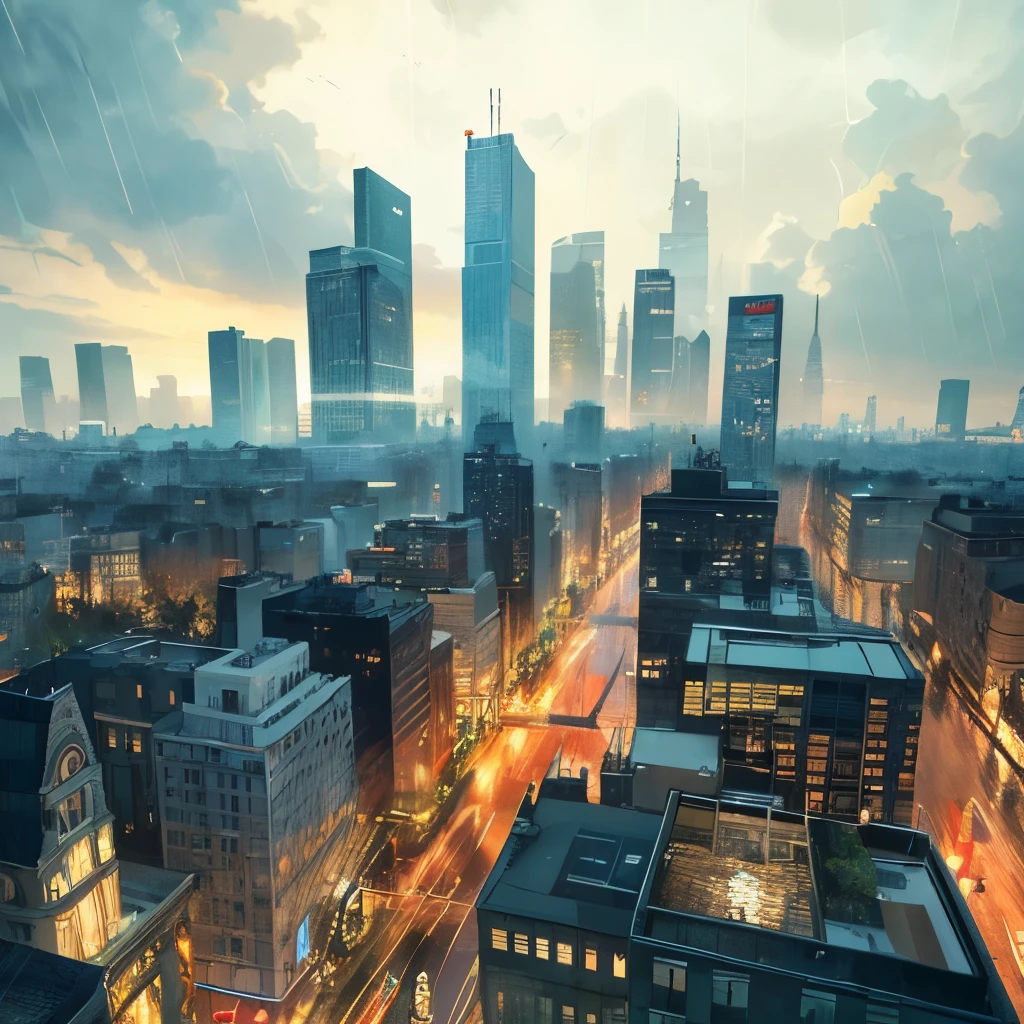In this top-quality masterpiece, immerse yourself in the intricate details of a modern cityscape. The meticulously crafted background showcases the hustle and bustle of a bustling metropolis, with towering skyscrapers and bustling streets. As raindrops cascade from the heavens, the scene comes alive with realistic rain, capturing the essence of a rainy day. Each raindrop is meticulously depicted, enhancing the sense of realism and creating a mesmerizing atmosphere. The rain, so vivid and detailed, adds depth and dimension to the artwork, evoking a feeling of tranquility and melancholy. Get lost in the intricacies of this rain-soaked cityscape, as the artist's attention to detail truly brings this rainy day to life on the canvas.