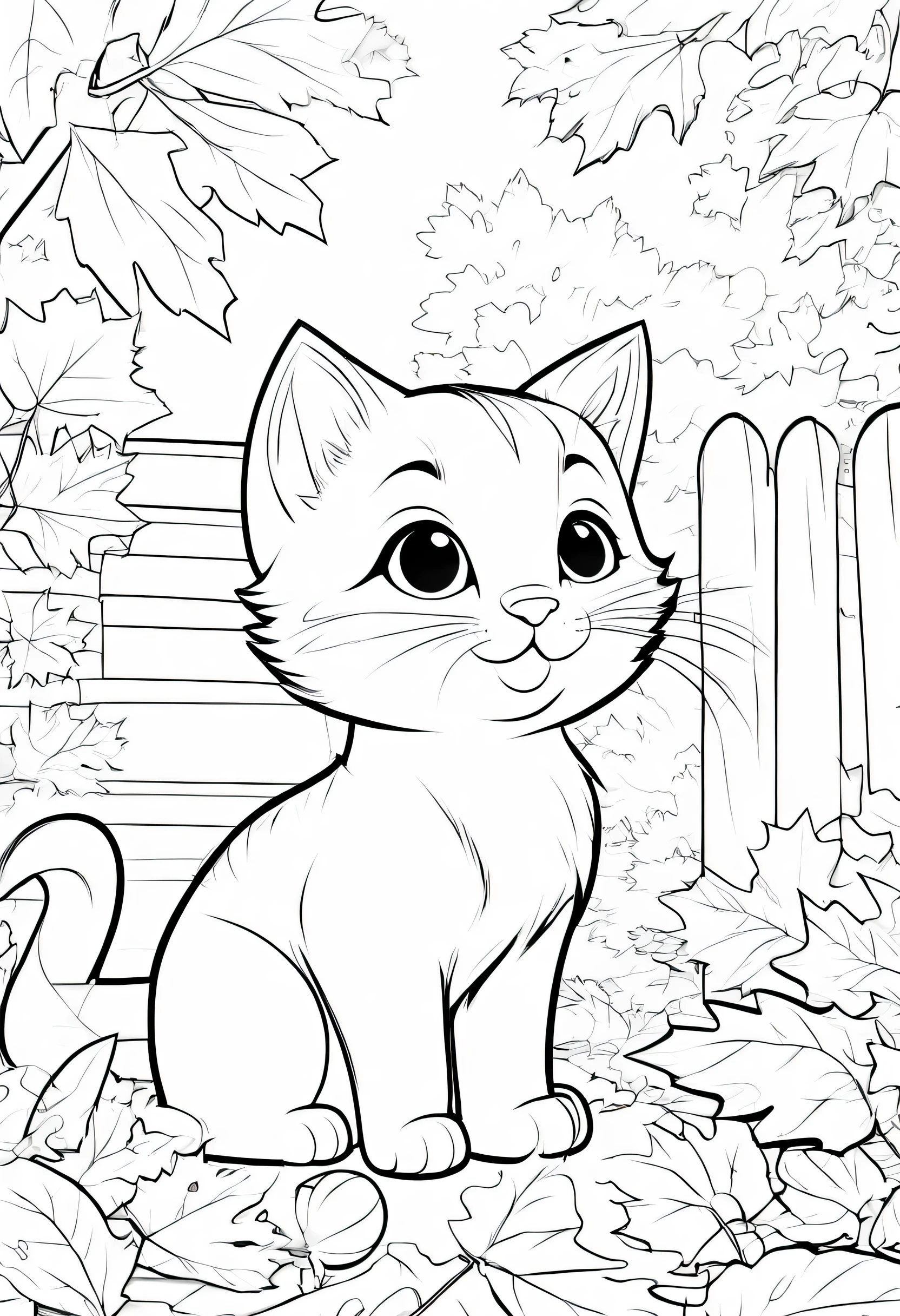 coloring page for , A cute kitten exploring a cozy autumn scene, surrounded by falling leaves, acorns., thick lines, low detail, no shading,