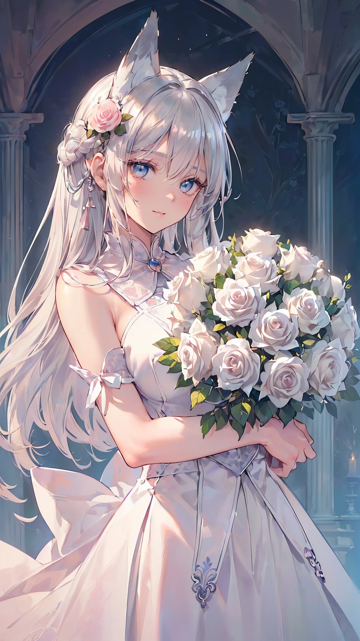 (((masterpiece))), (((highest quality))), ((ultra-detailed)), ((super fine illustration)), ((ultra-fine painting)), (16K highest quality wallpaper:1.4), (upper body:1.4), (Highly detailed and delicate illustration style:1.8), detailed skin texture, detailed cloth texture, detailed rose flower texture, detailed wood texture, extreme detailed description, (T-masterpiece), (highly detailed face:1.4), original, RAW photo, professional, Intricate details, super details, Direct light:1.6, (perfect anatomy:1.4), (highly detailed hands:1.2), (highly detailed fingers:1.2), (highly detailed fingertips:1.2), (16-years-old), real, (solo:1.6), (A mysterious and sacred silver fox girl with nine tails and blue eyes who is an idol, messenger of the gods, and a shrine maiden:1.4) BRAKE (Beautiful and adorable silver fox ears:1.6), (Highly detailed and delicate silver fox ears:1.4), (beautiful and well-shaped big breasts:1.2), (beautiful and well-shaped buttocks), (beautiful and shiny silver hair:1.6), (highly detailed and delicate silver hair:1.4), (beautiful clear blue eyes that shine with great detail:1.6), (highly detailed and delicate blue eyes:1.2), (highly detailed face:1.4), (smile:1.4), (looking at viewer:1.4), (standing:1.4), (Celebration:1.4) BRAKE ((A beautiful and gorgeous princess dress that is detailed and delicate to be worn at celebratory occasions:1.4)) BRAKE ((Holding in both hands a large bouquet of highly detailed and delicate ((white and pink roses)):1.3)) BRAKE (Just after noon:1.4), (Celebration:1.4), (((Highly detailed and delicate white rose flower and pink rose flower garden background:1.3))), (Highly detailed and delicate royal palace courtyard background in just after noon in spring:1.3) BRAKE