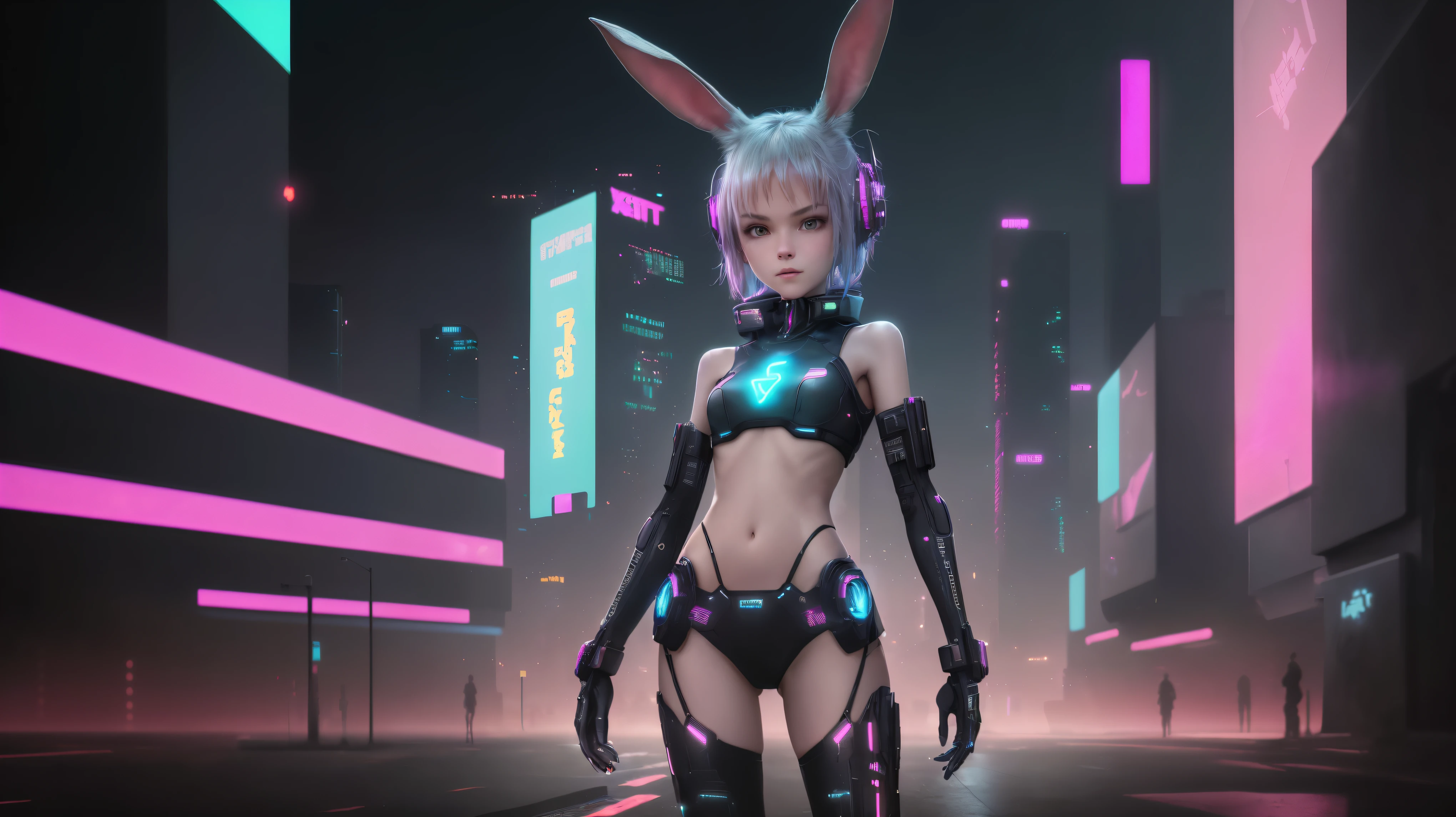 (Best quality,4k,A high resolution,ultra detailed),cyberpunk,electronic art,cute young slender slender girl with small breasts, Cheeky girl, rabbit ears, standing in a sexy position, medium shot