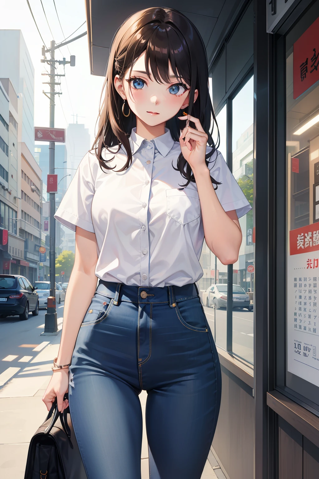 The girl looks at you，Wear jeans and professional attire。