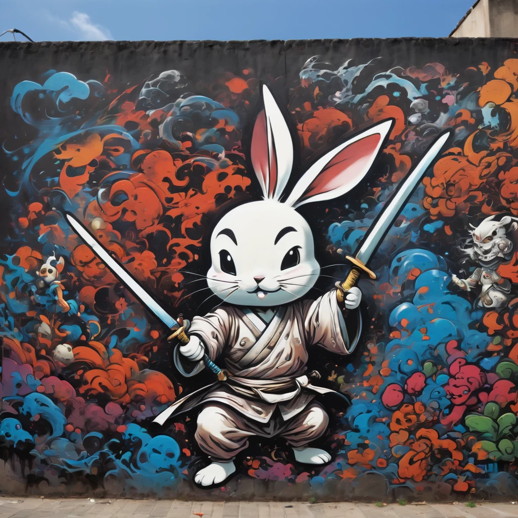 (masterpiece, best quality), magical Usagi Yojimbo Graffiti Comics on wall, ultra detail Graffiti background, wide shot, magical details, aerial view,