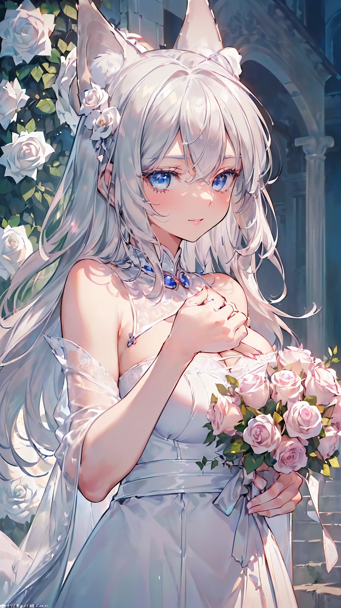 (((masterpiece))), (((highest quality))), ((ultra-detailed)), ((super fine illustration)), ((ultra-fine painting)), (16K highest quality wallpaper:1.4), (upper body:1.4), (Highly detailed and delicate illustration style:1.8), detailed skin texture, detailed cloth texture, detailed rose flower texture, detailed wood texture, extreme detailed description, (T-masterpiece), (highly detailed face:1.4), original, RAW photo, professional, Intricate details, super details, Direct light:1.6, (perfect anatomy:1.4), (highly detailed hands:1.2), (highly detailed fingers:1.2), (highly detailed fingertips:1.2), (16-years-old), real, (solo:1.6), (A mysterious and sacred silver fox girl with nine tails and blue eyes who is an idol, messenger of the gods, and a shrine maiden:1.4) BRAKE (Beautiful and adorable silver fox ears:1.6), (Highly detailed and delicate silver fox ears:1.4), (beautiful and well-shaped big breasts:1.2), (beautiful and well-shaped buttocks), (beautiful and shiny silver hair:1.6), (highly detailed and delicate silver hair:1.4), (beautiful clear blue eyes that shine with great detail:1.6), (highly detailed and delicate blue eyes:1.2), (highly detailed face:1.4), (smile:1.4), (looking at viewer:1.4), (standing:1.4), (Celebration:1.4) BRAKE ((A beautiful and gorgeous princess dress that is detailed and delicate to be worn at celebratory occasions:1.4)) BRAKE ((Holding in both hands a large bouquet of highly detailed and delicate ((white and pink roses)):1.3)) BRAKE (Just after noon:1.4), (Celebration:1.4), (((Highly detailed and delicate white rose flower and pink rose flower garden background:1.3))), (Highly detailed and delicate royal palace courtyard background in just after noon in spring:1.3) BRAKE