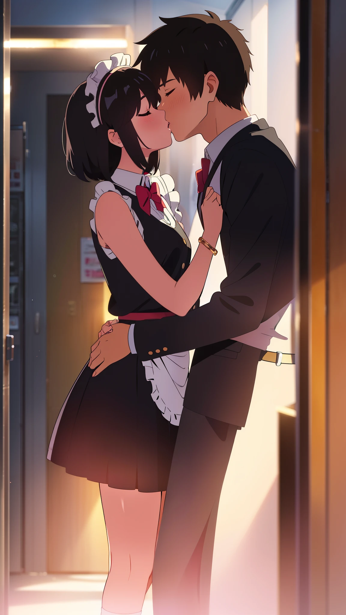 shinkai makoto, kimi no na wa., 1girl, 1boy, bangs, black hair, blush, (boy wear Suspender Clothes), ((girl wear maid dress, short dresaid, apron, maid headdress), bow, ribbon, short hair, cute, love, couple, adorable, Off-the-shoulders, dating, (((kiss, deep kiss))), closed eyes, bracelet, passionate hug, evening, sunset, sunlight, cloudy, lake, scenery, dynamic lights
