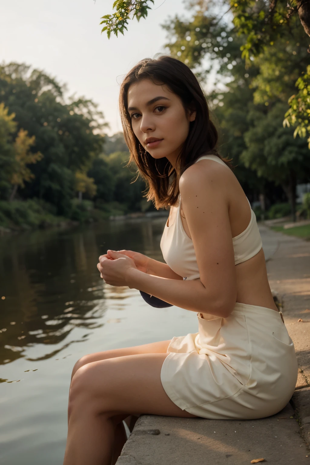 Beautiful woman sitting near a tree that is standing near to riverside, beautiful river in golden hour yellow aesthetic