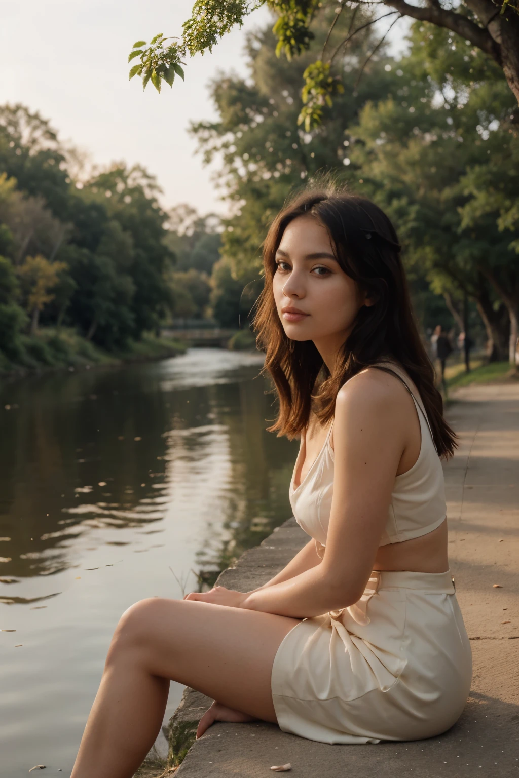 Beautiful woman sitting near a tree that is standing near to riverside, beautiful river in golden hour yellow aesthetic
