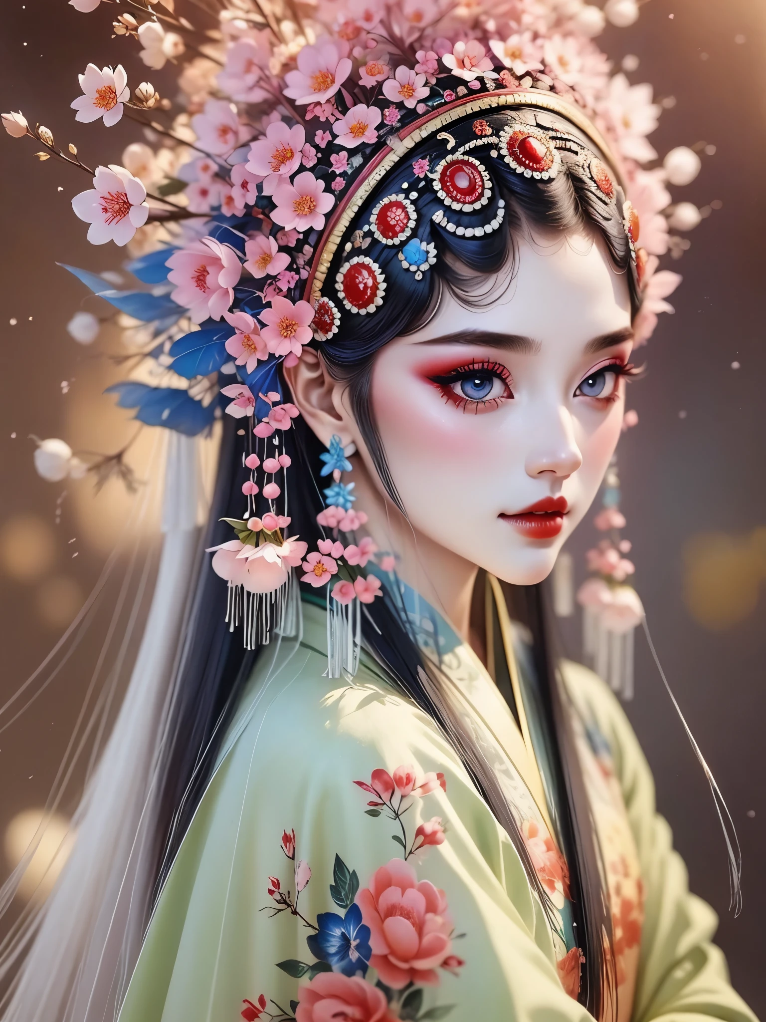 (masterpiece, best quality:1.2，lifelike：1.37), antiquity，Chinese style illustrations：（1 girl，bust，portrait ），exquisite facial features，Detailed drawing of eyes，eyelash，blush，long hair，Exquisite makeup，Beautiful pearls on the head，blue华丽的汉服，Garden background blurred，Simple，glowing butterfly，blue：1.37，huge peony flower：1.37