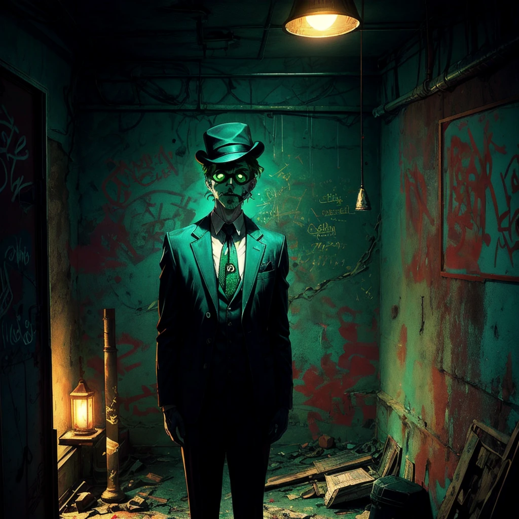 The Riddler, one of Batman's iconic villains, is standing in a dimly lit chamber. He is enthusiastically explaining the intricate details of his elaborate riddle. Graffiti splatters cover the walls, creating a chaotic and mysterious atmosphere.

The chamber is filled with an eerie vibe, with dim lights casting long shadows across the room. In the center, The Riddler stands, wearing his signature green suit and bowler hat. His mischievous eyes gleam with excitement as he gestures dramatically while delivering his riddle.

The graffiti on the chamber walls adds to the enigmatic setting. It features neon-colored symbols, mathematical equations, and cryptic phrases, all intertwined to create a visually captivating display. The vibrant colors and abstract patterns heighten the sense of anticipation and challenge.

As The Riddler speaks, his voice echoes throughout the chamber, bouncing off the graffiti-covered walls. His words are filled with a mixture of arrogance and exhilaration, leaving an air of mystery to those who listen.

The chamber itself has an old, worn-out appearance. The walls are made of rough, exposed brick, creating a gritty backdrop. Dimly lit, flickering bulbs hang from the ceiling, providing minimal illumination. The floor is covered in a layer of dust, giving the room a neglected feel.

There is a sense of anticipation in the air, as if the chamber is holding a hidden secret waiting to be revealed. The combination of The Riddler's extravagant performance, the vibrant graffiti, and the atmospheric setting creates a visually stunning and intellectually stimulating scene.

Keywords: The Riddler, elaborate riddle, graffiti-covered walls, dimly lit chamber, mysterious atmosphere, eerie vibe, neon-colored symbols, mathematical equations, cryptic phrases, enigmatic setting, vibrant colors, abstract patterns, worn-out appearance, exposed brick walls, dim lights, neglected feel, sense of anticipation.