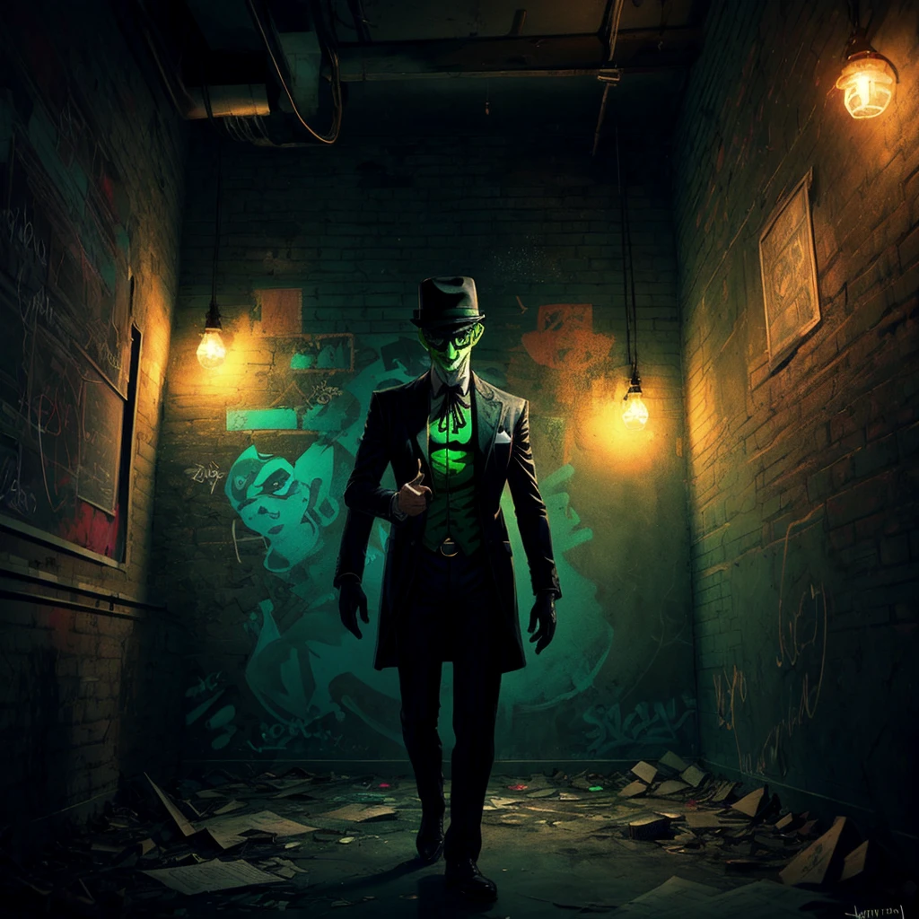The Riddler, one of Batman's iconic villains, is standing in a dimly lit chamber. He is enthusiastically explaining the intricate details of his elaborate riddle. Graffiti splatters cover the walls, creating a chaotic and mysterious atmosphere.
The chamber is filled with an eerie vibe, with dim lights casting long shadows across the room. In the center, The Riddler stands, wearing his signature green suit and bowler hat. His mischievous eyes gleam with excitement as he gestures dramatically while delivering his riddle.
The graffiti on the chamber walls adds to the enigmatic setting. It features neon-colored symbols, mathematical equations, and cryptic phrases, all intertwined to create a visually captivating display. The vibrant colors and abstract patterns heighten the sense of anticipation and challenge.
As The Riddler speaks, his voice echoes throughout the chamber, bouncing off the graffiti-covered walls. His words are filled with a mixture of arrogance and exhilaration, leaving an air of mystery to those who listen.
The chamber itself has an old, worn-out appearance. The walls are made of rough, exposed brick, creating a gritty backdrop. Dimly lit, flickering bulbs hang from the ceiling, providing minimal illumination. The floor is covered in a layer of dust, giving the room a neglected feel.
There is a sense of anticipation in the air, as if the chamber is holding a hidden secret waiting to be revealed. The combination of The Riddler's extravagant performance, the vibrant graffiti, and the atmospheric setting creates a visually stunning and intellectually stimulating scene.
Keywords: The Riddler, elaborate riddle, graffiti-covered walls, dimly lit chamber, mysterious atmosphere, eerie vibe, neon-colored symbols, mathematical equations, cryptic phrases, enigmatic setting, vibrant colors, abstract patterns, worn-out appearance, exposed brick walls, dim lights, neglected feel, sense of anticipation.