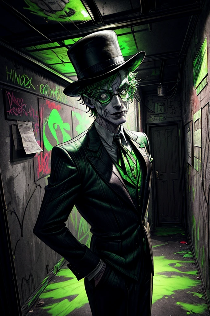 The Riddler, one of Batman's iconic villains, is standing in a dimly lit chamber. He is enthusiastically explaining the intricate details of his elaborate riddle. Graffiti splatters cover the walls, creating a chaotic and mysterious atmosphere.

The chamber is filled with an eerie vibe, with dim lights casting long shadows across the room. In the center, The Riddler stands, wearing his signature green suit and bowler hat. His mischievous eyes gleam with excitement as he gestures dramatically while delivering his riddle.

The graffiti on the chamber walls adds to the enigmatic setting. It features neon-colored symbols, mathematical equations, and cryptic phrases, all intertwined to create a visually captivating display. The vibrant colors and abstract patterns heighten the sense of anticipation and challenge.

As The Riddler speaks, his voice echoes throughout the chamber, bouncing off the graffiti-covered walls. His words are filled with a mixture of arrogance and exhilaration, leaving an air of mystery to those who listen.

The chamber itself has an old, worn-out appearance. The walls are made of rough, exposed brick, creating a gritty backdrop. Dimly lit, flickering bulbs hang from the ceiling, providing minimal illumination. The floor is covered in a layer of dust, giving the room a neglected feel.

There is a sense of anticipation in the air, as if the chamber is holding a hidden secret waiting to be revealed. The combination of The Riddler's extravagant performance, the vibrant graffiti, and the atmospheric setting creates a visually stunning and intellectually stimulating scene.

Keywords: The Riddler, elaborate riddle, graffiti-covered walls, dimly lit chamber, mysterious atmosphere, eerie vibe, neon-colored symbols, mathematical equations, cryptic phrases, enigmatic setting, vibrant colors, abstract patterns, worn-out appearance, exposed brick walls, dim lights, neglected feel, sense of anticipation.