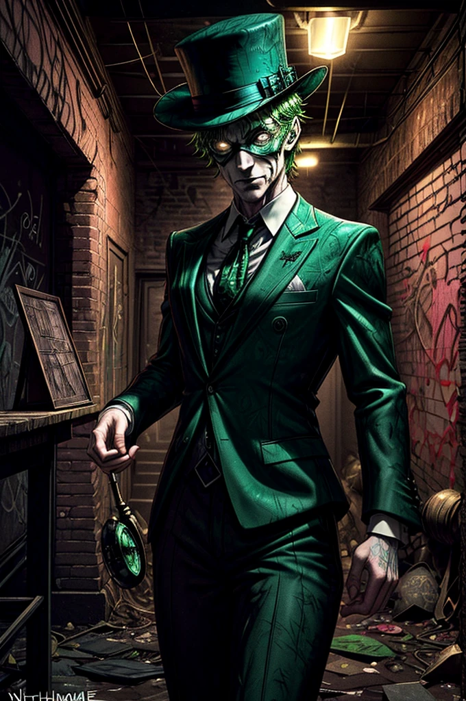 The Riddler, one of Batman's iconic villains, is standing in a dimly lit chamber. He is enthusiastically explaining the intricate details of his elaborate riddle. Graffiti splatters cover the walls, creating a chaotic and mysterious atmosphere.

The chamber is filled with an eerie vibe, with dim lights casting long shadows across the room. In the center, The Riddler stands, wearing his signature green suit and bowler hat. His mischievous eyes gleam with excitement as he gestures dramatically while delivering his riddle.

The graffiti on the chamber walls adds to the enigmatic setting. It features neon-colored symbols, mathematical equations, and cryptic phrases, all intertwined to create a visually captivating display. The vibrant colors and abstract patterns heighten the sense of anticipation and challenge.

As The Riddler speaks, his voice echoes throughout the chamber, bouncing off the graffiti-covered walls. His words are filled with a mixture of arrogance and exhilaration, leaving an air of mystery to those who listen.

The chamber itself has an old, worn-out appearance. The walls are made of rough, exposed brick, creating a gritty backdrop. Dimly lit, flickering bulbs hang from the ceiling, providing minimal illumination. The floor is covered in a layer of dust, giving the room a neglected feel.

There is a sense of anticipation in the air, as if the chamber is holding a hidden secret waiting to be revealed. The combination of The Riddler's extravagant performance, the vibrant graffiti, and the atmospheric setting creates a visually stunning and intellectually stimulating scene.

Keywords: The Riddler, elaborate riddle, graffiti-covered walls, dimly lit chamber, mysterious atmosphere, eerie vibe, neon-colored symbols, mathematical equations, cryptic phrases, enigmatic setting, vibrant colors, abstract patterns, worn-out appearance, exposed brick walls, dim lights, neglected feel, sense of anticipation.