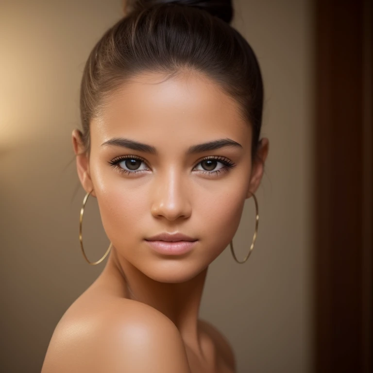 Un portrait photoréaliste d&#39;une jeune femme incroyablement belle et sans maquillage, métis, caucasien, the skin is tanned, extremely detailed brown eyes, the hair is in an elegant bun, detailed symmetrical realistic face, Proportions du visage réalistes, extremely detailed natural texture, peach down, dark brown hair, chef-d&#39;artwork, photographie de stock de film nikon d850, appareil photo kodak portra 400 f1.6 lentilles, extremely detailed, incroyable, fine detail, couleurs riches, hyper realistic realistic texture, dramatic lighting, unreal engine, tendance sur artstation, cinestill 800 tungstène, En regardant le spectateur, photo realistic, Photo brute, TanvirTamim, High quality, high resolution, Sharpness, extremely detailed, cinema lighting, 8k UHD, yeux bleu clair