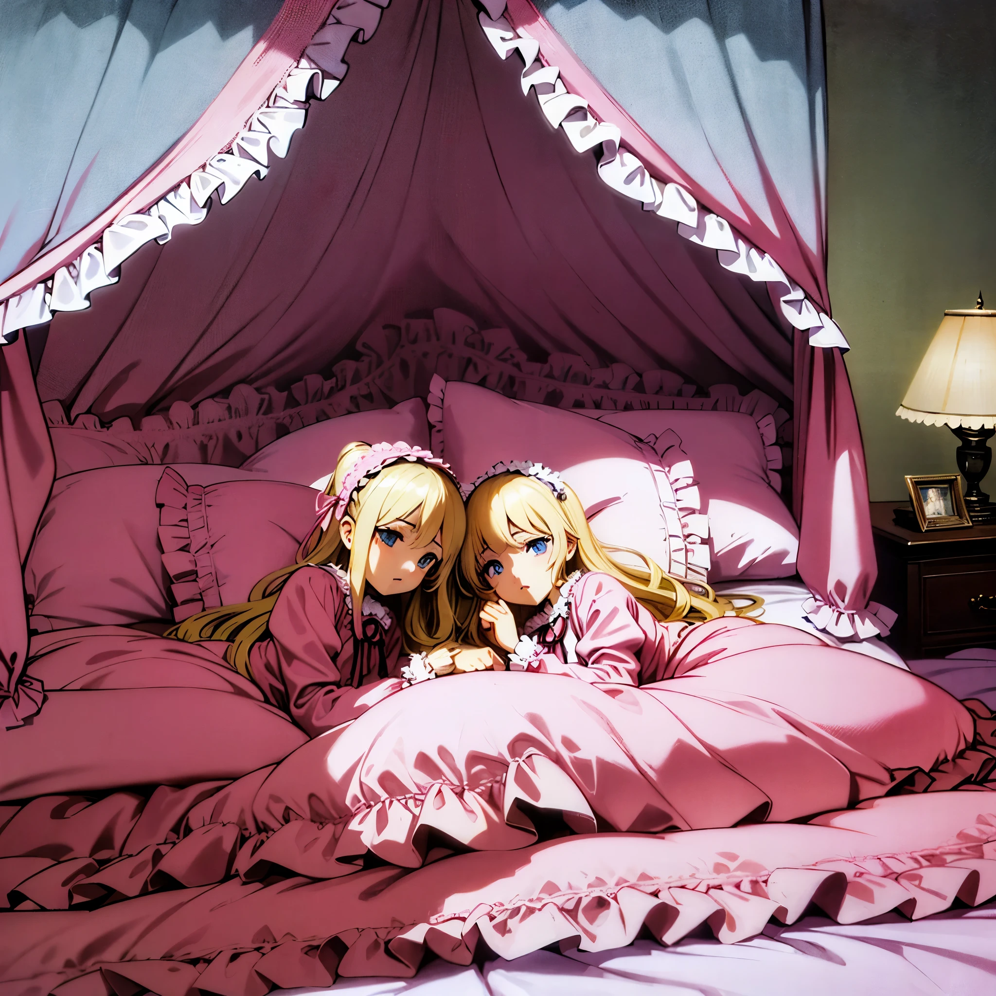 ,highest quality, masterpiece, highest resolution, artwork, super それにget used to it, many get used to it, get used to it, それにget used to it, 3K anime illustration,(( 10 year old girl)),Super detailed baby face,high quality small face,long blonde hair that grows to the waist,blue eyes,白い肌のeuropean,pajamas, european,(((super long blonde hair))),curly hair,blue eyes,((((ピンクのロリータファッションのlong skirtのワンピースドレス)))),((Pink dress with lots of frills and ribbons)),((Luxurious headdress with frills and ribbons)),detailed headdress,,(((big yoke collar))),Yoke collar with ruffles and ribbons,((((long sleeve)))),ruffle sleeves,((((long skirt)))),white ruffle and lace socks,large frill and ribbon pillow,(((Nice pink outfit))),豪華なcanopy bedの上,canopy bed,The bed is surrounded by luxurious curtains,many frilly pillows on the bed,Behind the girl are many pink frilly pillows,super detailed background,detailed bed,soft pink comforter,Highly detailed soft ruffle pillow,Beautiful girl illustration,detailed beautiful face,fine hair,detailed eye ,detailed eyes,detailed mouth, arm details,fine hands,Detailed pillow,wide bed,Illustration on the bed, ,((((round futon)))),((((A large ruffled futon that covers the entire bed)))),detailed comforter,detailed bedシーツ,Soft bed,Before bedtime,romantic atmosphere,palace bedroom,((((The lower half of the body is hidden under the puffy futon....)))) The girl is leaning on a pile of pillows, ,((((round futon)))),((((A large ruffled futon that covers the entire bed)))),