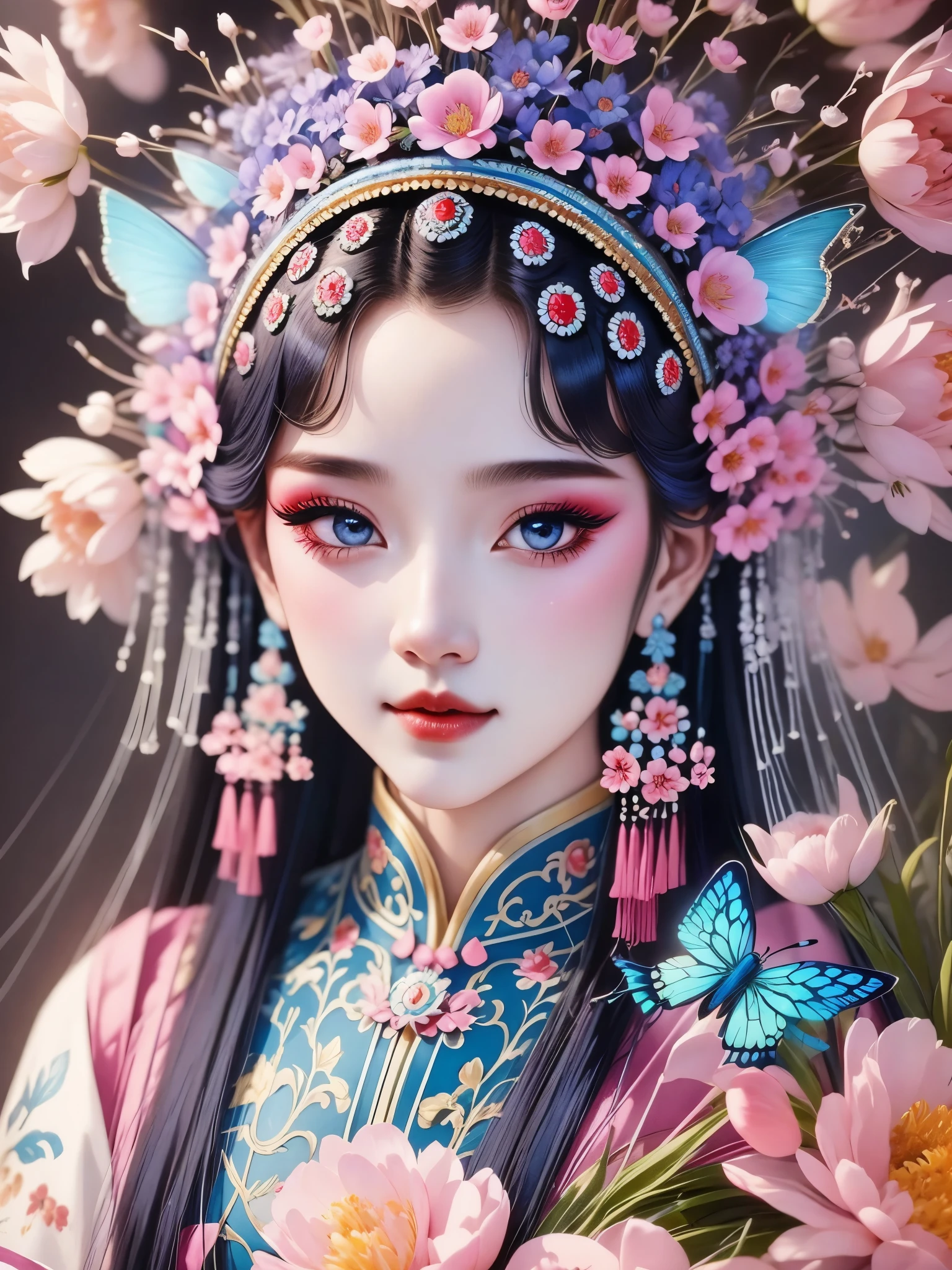 (masterpiece, best quality:1.2，lifelike：1.37), antiquity，Chinese style illustrations：（1 girl，bust，portrait ），exquisite facial features，Detailed drawing of eyes，eyelash，blush，long hair，Exquisite makeup，Beautiful pearls on the head，blue华丽的汉服，Garden background blurred，Simple，glowing butterfly，blue：1.37，huge peony flower：1.37