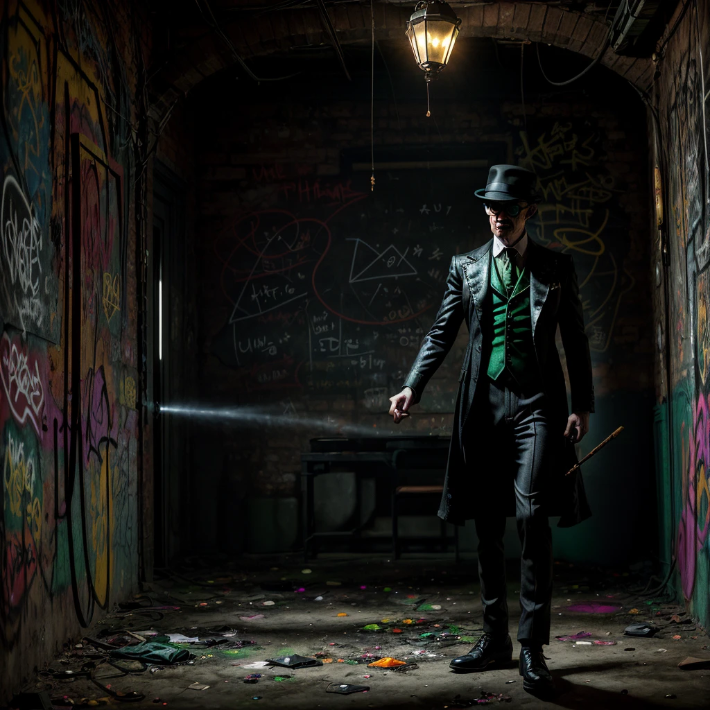 The Riddler, one of Batman's iconic villains, is standing in a dimly lit chamber. He is enthusiastically explaining the intricate details of his elaborate riddle. Graffiti splatters cover the walls, creating a chaotic and mysterious atmosphere.
The chamber is filled with an eerie vibe, with dim lights casting long shadows across the room. In the center, The Riddler stands, wearing his signature green suit and bowler hat. His mischievous eyes gleam with excitement as he gestures dramatically while delivering his riddle.
The graffiti on the chamber walls adds to the enigmatic setting. It features neon-colored symbols, mathematical equations, and cryptic phrases, all intertwined to create a visually captivating display. The vibrant colors and abstract patterns heighten the sense of anticipation and challenge.
As The Riddler speaks, his voice echoes throughout the chamber, bouncing off the graffiti-covered walls. His words are filled with a mixture of arrogance and exhilaration, leaving an air of mystery to those who listen.
The chamber itself has an old, worn-out appearance. The walls are made of rough, exposed brick, creating a gritty backdrop. Dimly lit, flickering bulbs hang from the ceiling, providing minimal illumination. The floor is covered in a layer of dust, giving the room a neglected feel.
There is a sense of anticipation in the air, as if the chamber is holding a hidden secret waiting to be revealed. The combination of The Riddler's extravagant performance, the vibrant graffiti, and the atmospheric setting creates a visually stunning and intellectually stimulating scene.
Keywords: The Riddler, elaborate riddle, graffiti-covered walls, dimly lit chamber, mysterious atmosphere, eerie vibe, neon-colored symbols, mathematical equations, cryptic phrases, enigmatic setting, vibrant colors, abstract patterns, worn-out appearance, exposed brick walls, dim lights, neglected feel, sense of anticipation.
