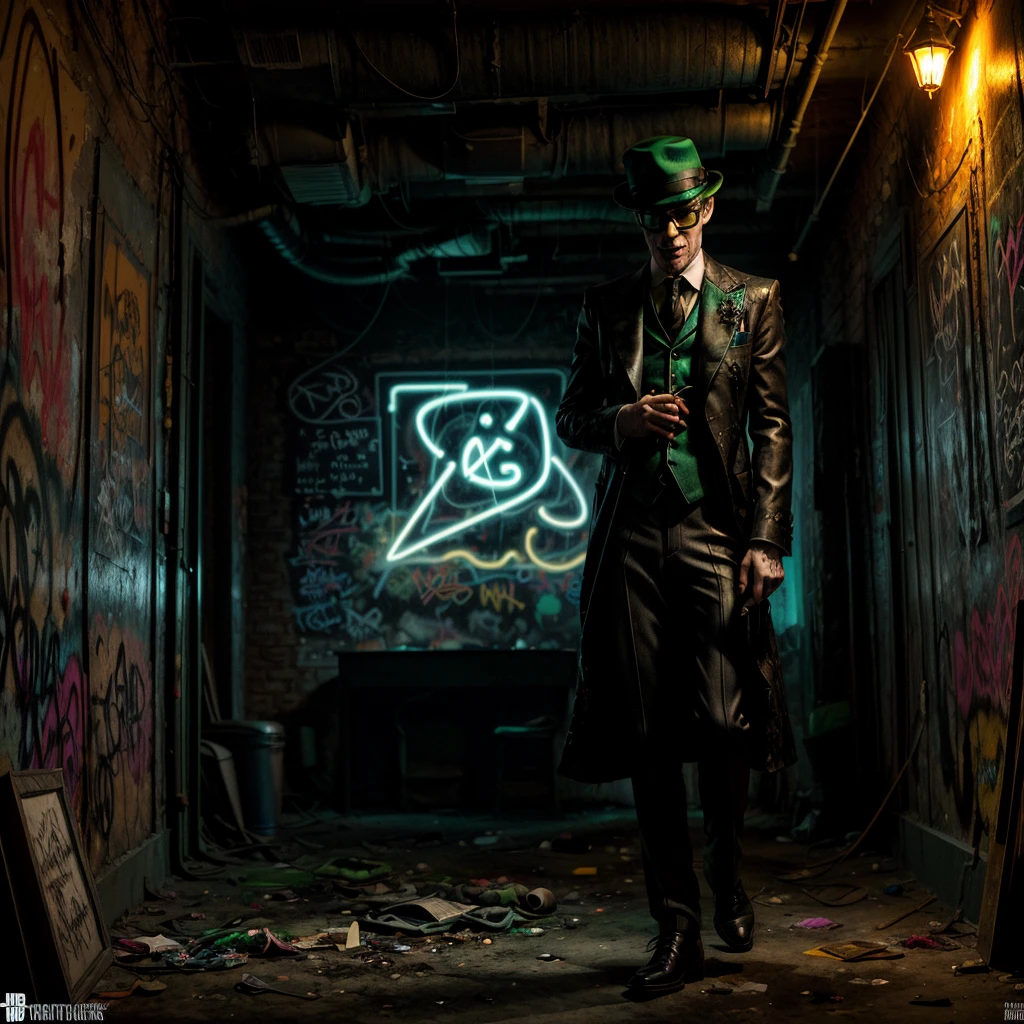 The Riddler, one of Batman's iconic villains, is standing in a dimly lit chamber. He is enthusiastically explaining the intricate details of his elaborate riddle. Graffiti splatters cover the walls, creating a chaotic and mysterious atmosphere.

The chamber is filled with an eerie vibe, with dim lights casting long shadows across the room. In the center, The Riddler stands, wearing his signature green suit and bowler hat. His mischievous eyes gleam with excitement as he gestures dramatically while delivering his riddle.

The graffiti on the chamber walls adds to the enigmatic setting. It features neon-colored symbols, mathematical equations, and cryptic phrases, all intertwined to create a visually captivating display. The vibrant colors and abstract patterns heighten the sense of anticipation and challenge.

As The Riddler speaks, his voice echoes throughout the chamber, bouncing off the graffiti-covered walls. His words are filled with a mixture of arrogance and exhilaration, leaving an air of mystery to those who listen.

The chamber itself has an old, worn-out appearance. The walls are made of rough, exposed brick, creating a gritty backdrop. Dimly lit, flickering bulbs hang from the ceiling, providing minimal illumination. The floor is covered in a layer of dust, giving the room a neglected feel.

There is a sense of anticipation in the air, as if the chamber is holding a hidden secret waiting to be revealed. The combination of The Riddler's extravagant performance, the vibrant graffiti, and the atmospheric setting creates a visually stunning and intellectually stimulating scene.

Keywords: The Riddler, elaborate riddle, graffiti-covered walls, dimly lit chamber, mysterious atmosphere, eerie vibe, neon-colored symbols, mathematical equations, cryptic phrases, enigmatic setting, vibrant colors, abstract patterns, worn-out appearance, exposed brick walls, dim lights, neglected feel, sense of anticipation.