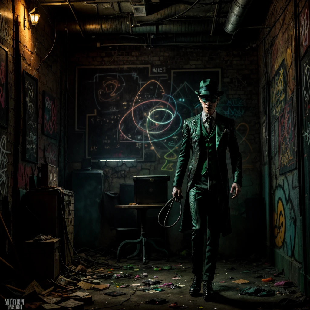 The Riddler, one of Batman's iconic villains, is standing in a dimly lit chamber. He is enthusiastically explaining the intricate details of his elaborate riddle. Graffiti splatters cover the walls, creating a chaotic and mysterious atmosphere.

The chamber is filled with an eerie vibe, with dim lights casting long shadows across the room. In the center, The Riddler stands, wearing his signature green suit and bowler hat. His mischievous eyes gleam with excitement as he gestures dramatically while delivering his riddle.

The graffiti on the chamber walls adds to the enigmatic setting. It features neon-colored symbols, mathematical equations, and cryptic phrases, all intertwined to create a visually captivating display. The vibrant colors and abstract patterns heighten the sense of anticipation and challenge.

As The Riddler speaks, his voice echoes throughout the chamber, bouncing off the graffiti-covered walls. His words are filled with a mixture of arrogance and exhilaration, leaving an air of mystery to those who listen.

The chamber itself has an old, worn-out appearance. The walls are made of rough, exposed brick, creating a gritty backdrop. Dimly lit, flickering bulbs hang from the ceiling, providing minimal illumination. The floor is covered in a layer of dust, giving the room a neglected feel.

There is a sense of anticipation in the air, as if the chamber is holding a hidden secret waiting to be revealed. The combination of The Riddler's extravagant performance, the vibrant graffiti, and the atmospheric setting creates a visually stunning and intellectually stimulating scene.

Keywords: The Riddler, elaborate riddle, graffiti-covered walls, dimly lit chamber, mysterious atmosphere, eerie vibe, neon-colored symbols, mathematical equations, cryptic phrases, enigmatic setting, vibrant colors, abstract patterns, worn-out appearance, exposed brick walls, dim lights, neglected feel, sense of anticipation.