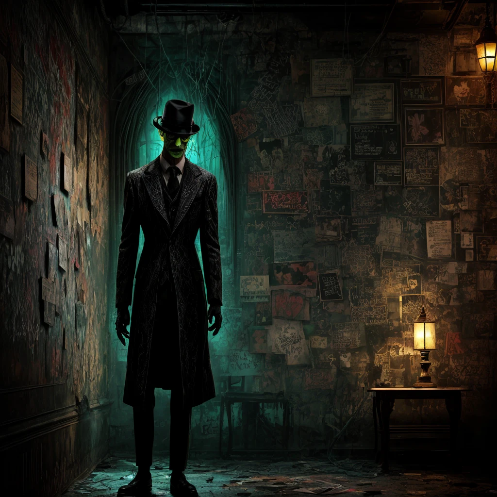 The Riddler, one of Batman's iconic villains, is standing in a dimly lit chamber. He is enthusiastically explaining the intricate details of his elaborate riddle. Graffiti splatters cover the walls, creating a chaotic and mysterious atmosphere.

The chamber is filled with an eerie vibe, with dim lights casting long shadows across the room. In the center, The Riddler stands, wearing his signature green suit and bowler hat. His mischievous eyes gleam with excitement as he gestures dramatically while delivering his riddle.

The graffiti on the chamber walls adds to the enigmatic setting. It features neon-colored symbols, mathematical equations, and cryptic phrases, all intertwined to create a visually captivating display. The vibrant colors and abstract patterns heighten the sense of anticipation and challenge.

As The Riddler speaks, his voice echoes throughout the chamber, bouncing off the graffiti-covered walls. His words are filled with a mixture of arrogance and exhilaration, leaving an air of mystery to those who listen.

The chamber itself has an old, worn-out appearance. The walls are made of rough, exposed brick, creating a gritty backdrop. Dimly lit, flickering bulbs hang from the ceiling, providing minimal illumination. The floor is covered in a layer of dust, giving the room a neglected feel.

There is a sense of anticipation in the air, as if the chamber is holding a hidden secret waiting to be revealed. The combination of The Riddler's extravagant performance, the vibrant graffiti, and the atmospheric setting creates a visually stunning and intellectually stimulating scene.

Keywords: The Riddler, elaborate riddle, graffiti-covered walls, dimly lit chamber, mysterious atmosphere, eerie vibe, neon-colored symbols, mathematical equations, cryptic phrases, enigmatic setting, vibrant colors, abstract patterns, worn-out appearance, exposed brick walls, dim lights, neglected feel, sense of anticipation.