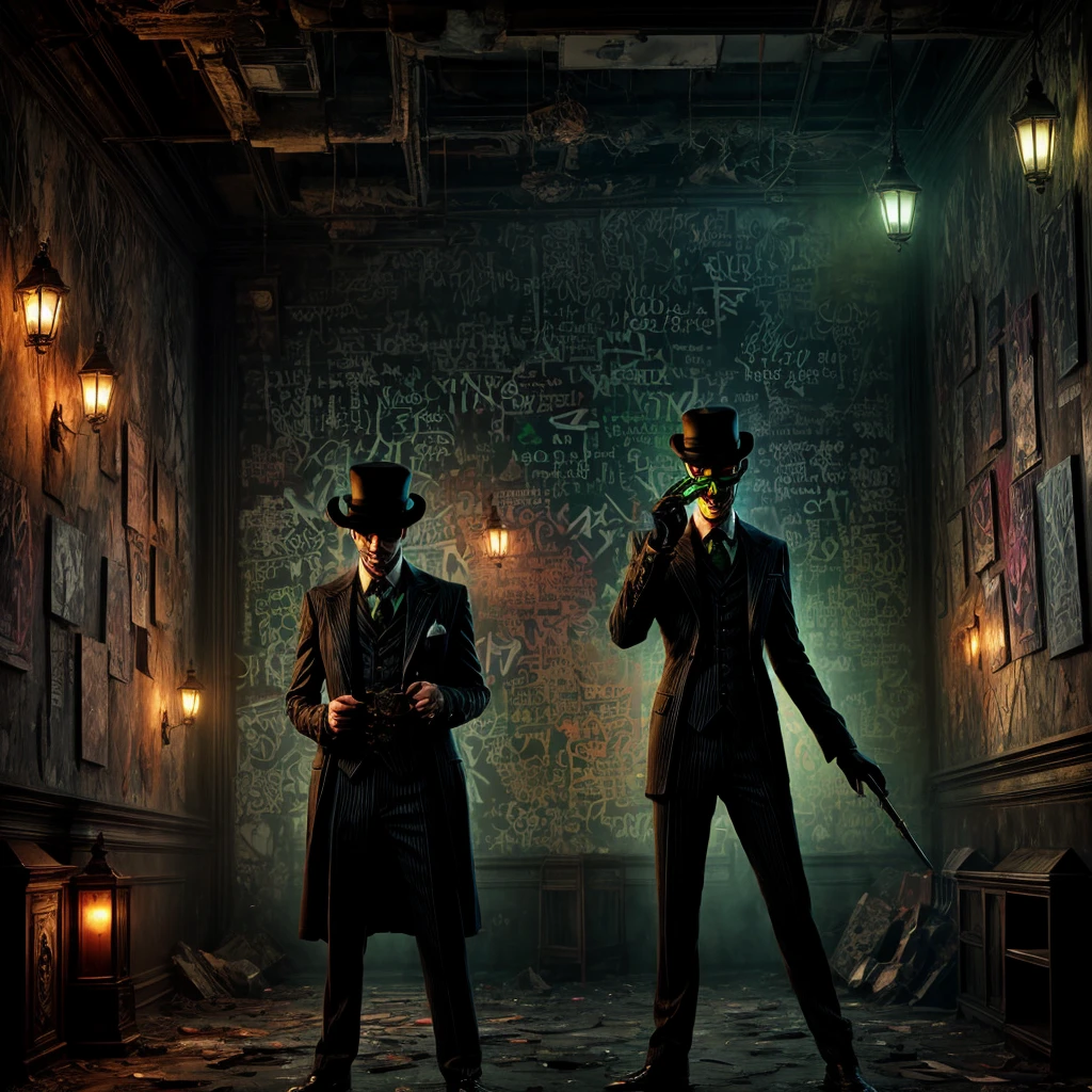 The Riddler, one of Batman's iconic villains, is standing in a dimly lit chamber. He is enthusiastically explaining the intricate details of his elaborate riddle. Graffiti splatters cover the walls, creating a chaotic and mysterious atmosphere.

The chamber is filled with an eerie vibe, with dim lights casting long shadows across the room. In the center, The Riddler stands, wearing his signature green suit and bowler hat. His mischievous eyes gleam with excitement as he gestures dramatically while delivering his riddle.

The graffiti on the chamber walls adds to the enigmatic setting. It features neon-colored symbols, mathematical equations, and cryptic phrases, all intertwined to create a visually captivating display. The vibrant colors and abstract patterns heighten the sense of anticipation and challenge.

As The Riddler speaks, his voice echoes throughout the chamber, bouncing off the graffiti-covered walls. His words are filled with a mixture of arrogance and exhilaration, leaving an air of mystery to those who listen.

The chamber itself has an old, worn-out appearance. The walls are made of rough, exposed brick, creating a gritty backdrop. Dimly lit, flickering bulbs hang from the ceiling, providing minimal illumination. The floor is covered in a layer of dust, giving the room a neglected feel.

There is a sense of anticipation in the air, as if the chamber is holding a hidden secret waiting to be revealed. The combination of The Riddler's extravagant performance, the vibrant graffiti, and the atmospheric setting creates a visually stunning and intellectually stimulating scene.

Keywords: The Riddler, elaborate riddle, graffiti-covered walls, dimly lit chamber, mysterious atmosphere, eerie vibe, neon-colored symbols, mathematical equations, cryptic phrases, enigmatic setting, vibrant colors, abstract patterns, worn-out appearance, exposed brick walls, dim lights, neglected feel, sense of anticipation.