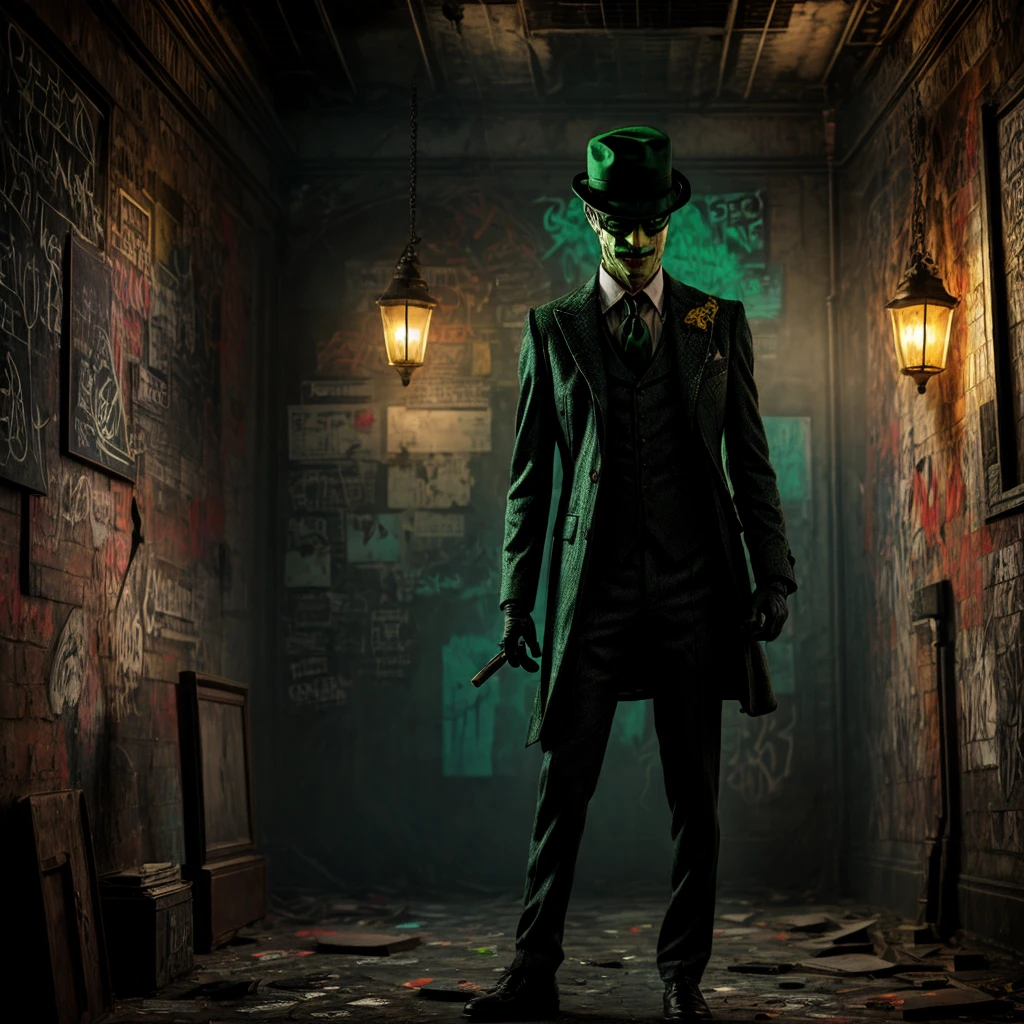 The Riddler, one of Batman's iconic villains, is standing in a dimly lit chamber. He is enthusiastically explaining the intricate details of his elaborate riddle. Graffiti splatters cover the walls, creating a chaotic and mysterious atmosphere.

The chamber is filled with an eerie vibe, with dim lights casting long shadows across the room. In the center, The Riddler stands, wearing his signature green suit and bowler hat. His mischievous eyes gleam with excitement as he gestures dramatically while delivering his riddle.

The graffiti on the chamber walls adds to the enigmatic setting. It features neon-colored symbols, mathematical equations, and cryptic phrases, all intertwined to create a visually captivating display. The vibrant colors and abstract patterns heighten the sense of anticipation and challenge.

As The Riddler speaks, his voice echoes throughout the chamber, bouncing off the graffiti-covered walls. His words are filled with a mixture of arrogance and exhilaration, leaving an air of mystery to those who listen.

The chamber itself has an old, worn-out appearance. The walls are made of rough, exposed brick, creating a gritty backdrop. Dimly lit, flickering bulbs hang from the ceiling, providing minimal illumination. The floor is covered in a layer of dust, giving the room a neglected feel.

There is a sense of anticipation in the air, as if the chamber is holding a hidden secret waiting to be revealed. The combination of The Riddler's extravagant performance, the vibrant graffiti, and the atmospheric setting creates a visually stunning and intellectually stimulating scene.

Keywords: The Riddler, elaborate riddle, graffiti-covered walls, dimly lit chamber, mysterious atmosphere, eerie vibe, neon-colored symbols, mathematical equations, cryptic phrases, enigmatic setting, vibrant colors, abstract patterns, worn-out appearance, exposed brick walls, dim lights, neglected feel, sense of anticipation.
