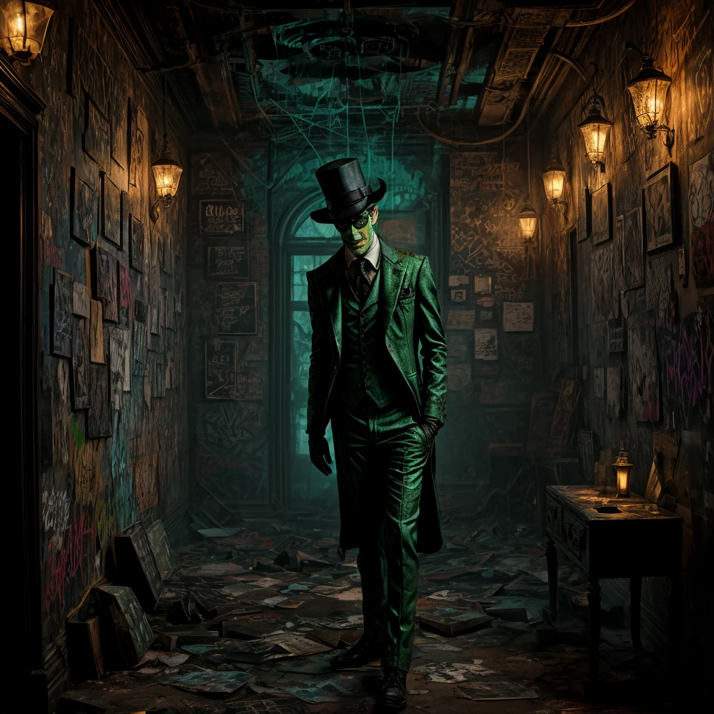 The Riddler, one of Batman's iconic villains, is standing in a dimly lit chamber. He is enthusiastically explaining the intricate details of his elaborate riddle. Graffiti splatters cover the walls, creating a chaotic and mysterious atmosphere.
The chamber is filled with an eerie vibe, with dim lights casting long shadows across the room. In the center, The Riddler stands, wearing his signature green suit and bowler hat. His mischievous eyes gleam with excitement as he gestures dramatically while delivering his riddle.
The graffiti on the chamber walls adds to the enigmatic setting. It features neon-colored symbols, mathematical equations, and cryptic phrases, all intertwined to create a visually captivating display. The vibrant colors and abstract patterns heighten the sense of anticipation and challenge.
As The Riddler speaks, his voice echoes throughout the chamber, bouncing off the graffiti-covered walls. His words are filled with a mixture of arrogance and exhilaration, leaving an air of mystery to those who listen.
The chamber itself has an old, worn-out appearance. The walls are made of rough, exposed brick, creating a gritty backdrop. Dimly lit, flickering bulbs hang from the ceiling, providing minimal illumination. The floor is covered in a layer of dust, giving the room a neglected feel.
There is a sense of anticipation in the air, as if the chamber is holding a hidden secret waiting to be revealed. The combination of The Riddler's extravagant performance, the vibrant graffiti, and the atmospheric setting creates a visually stunning and intellectually stimulating scene.
Keywords: The Riddler, elaborate riddle, graffiti-covered walls, dimly lit chamber, mysterious atmosphere, eerie vibe, neon-colored symbols, mathematical equations, cryptic phrases, enigmatic setting, vibrant colors, abstract patterns, worn-out appearance, exposed brick walls, dim lights, neglected feel, sense of anticipation.