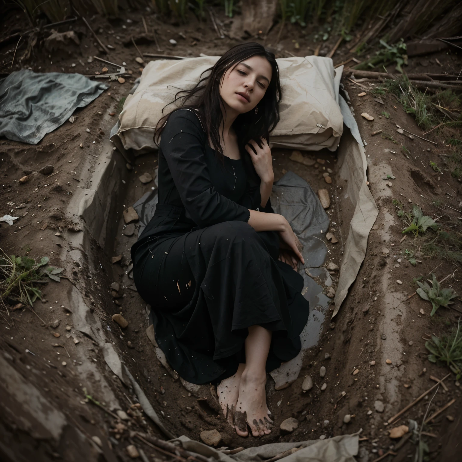 ((Jeremy Lipking style)) ((Nicola Samori style)) woman buried in the ground, very ugly sad woman, ((long black dress)), front, sky, field)), hair up, (oil on linen ), (photo from nikon d800, 50mm
lens), focus, ((woman with their legs buried in the ground))